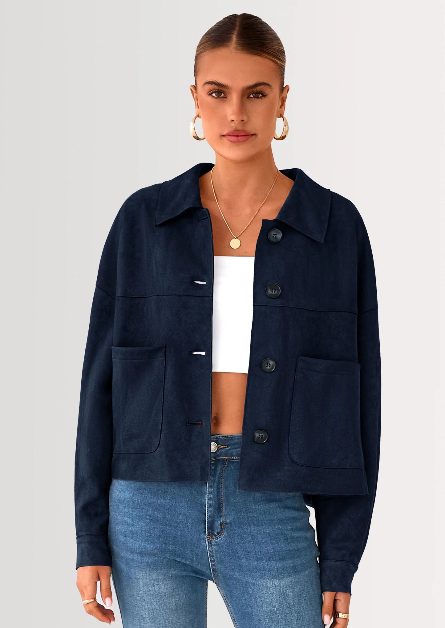 Women's Faux Suede Cropped Jacket Casual Lightweight Fall Fashion Winter Coats Outerwear Trendy Clothes