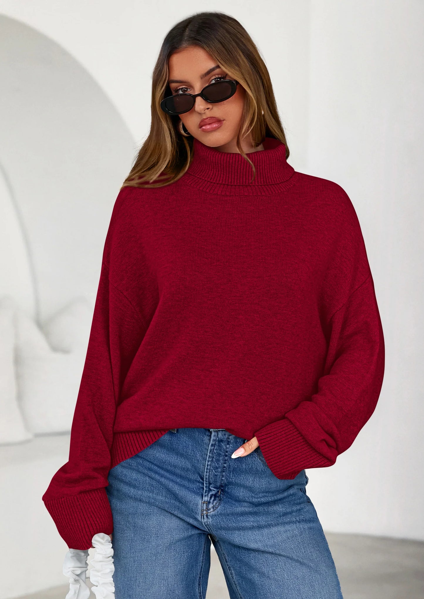 Womens Turtleneck Long Sleeve Sweater Fall Trendy Loose Fit Casual Tops Chunky Knit Pullover Sweaters