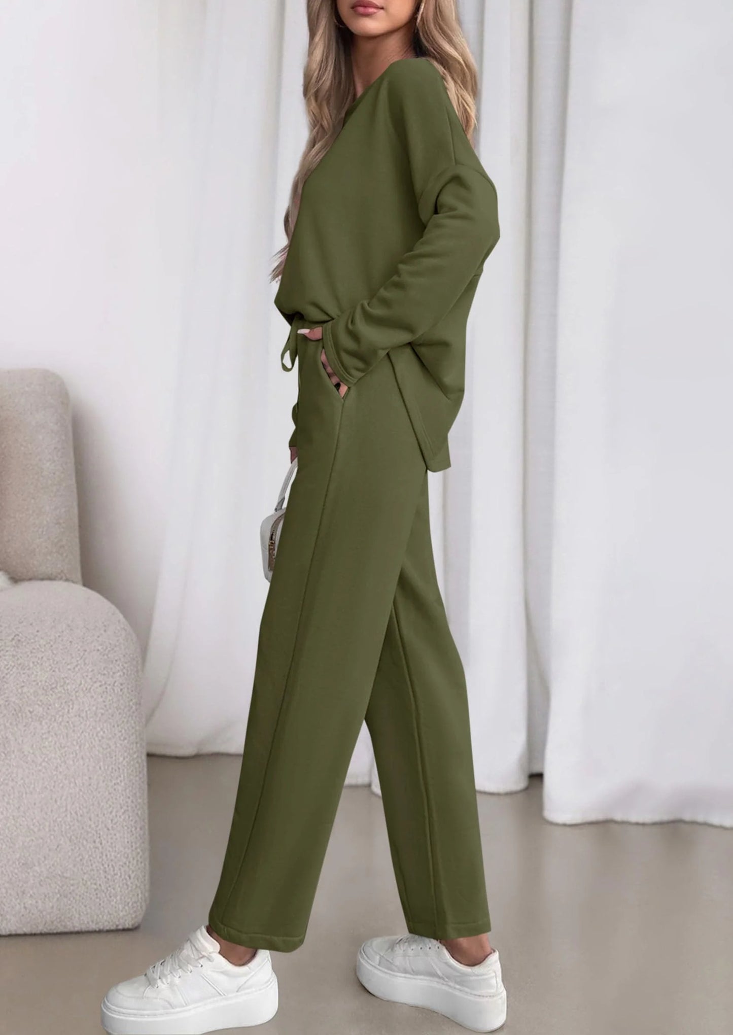 Womens 2 Piece Matching Lounge Sets Fall Long Sleeve Boatneck Sweatsuit Drawstring Sweatpants Pockets