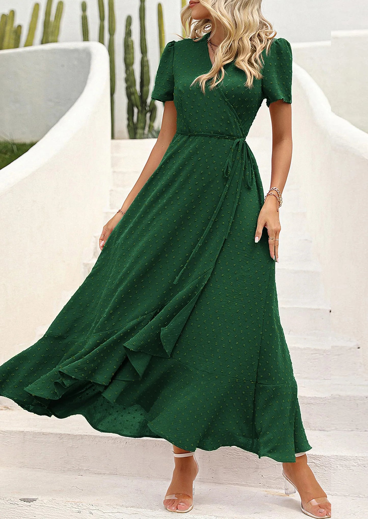 Women's Summer Maxi Dress Casual Wrap Floral Boho Short Sleeve V Neck Split Ruffle Beach Long Dresses