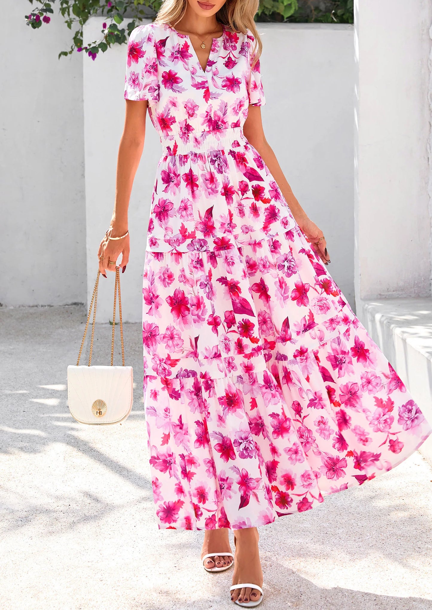 Women's Boho Maxi Dresses Floral Short Sleeve V Neck A Line Tiered Flowy Long Beach Vacation Dress