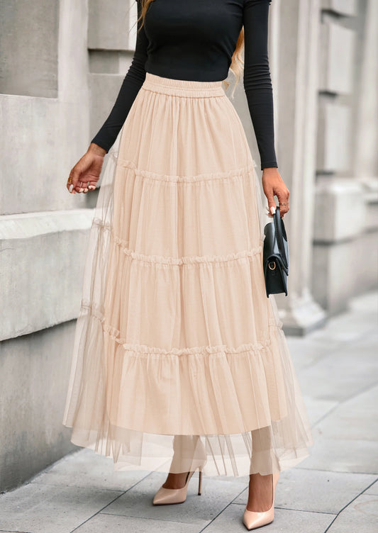 Maxi Skirts for Women Fall Tulle High Waisted Ruffle Flowy A-Line Long Skirt Country Concert Outfits