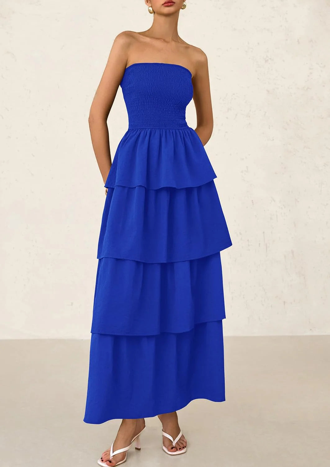 Maxi Dresses for Women Off Shoulder Smocked Tiered Ruffle Long Flowy Wedding Guest Dress