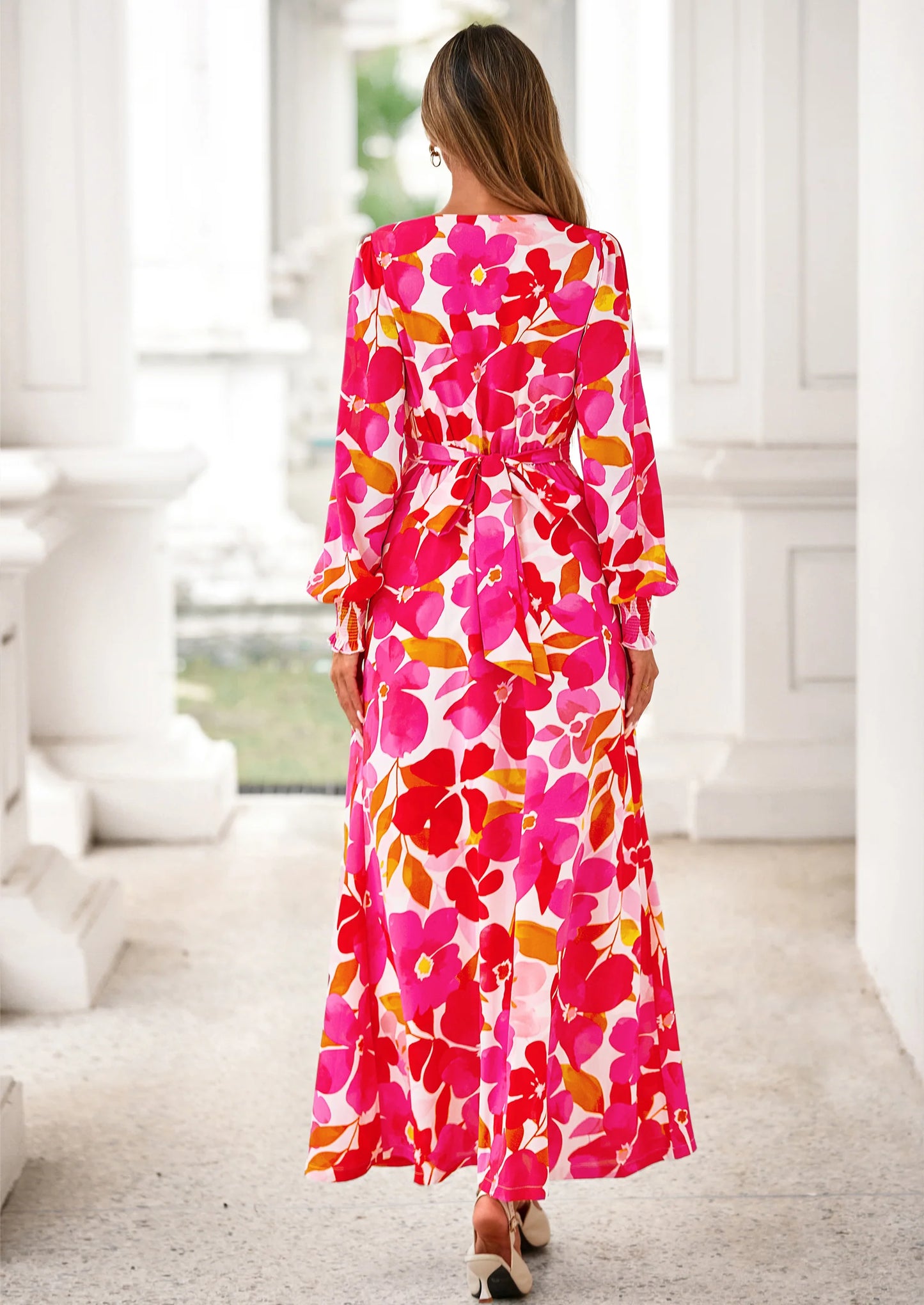 Women's Fall Boho Maxi Dress Floral Long Sleeve V Neck Flowy Belted Elegant Holiday Party Dresses