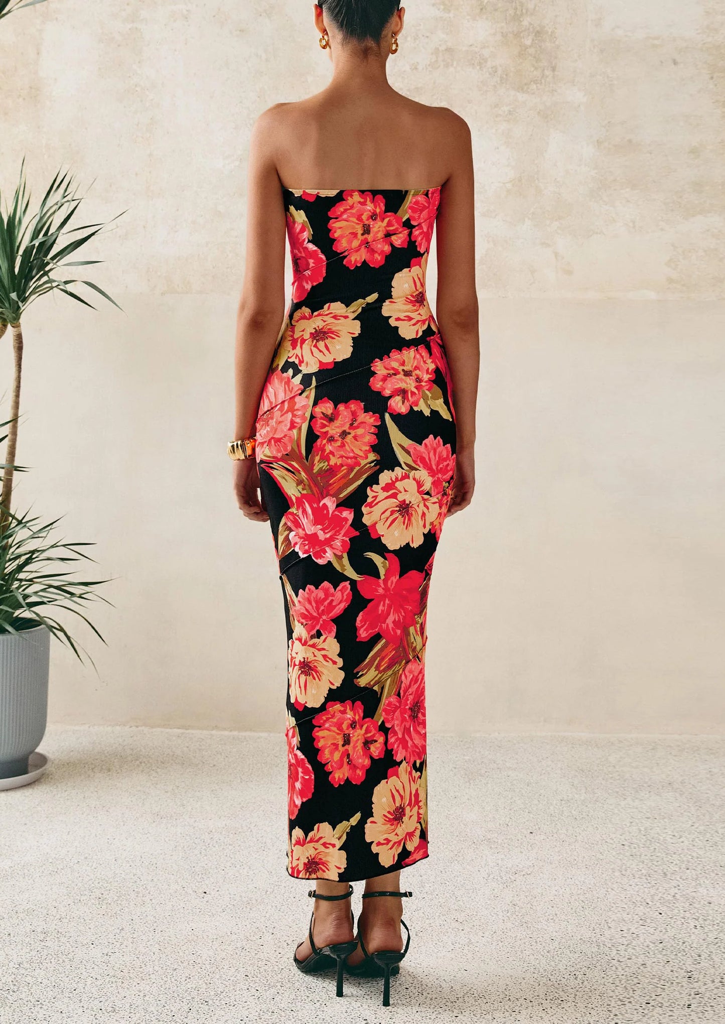 Women's Floral Bodycon Maxi Dresses Ribbed Strapless Tube Casual Boho Party Long Dress