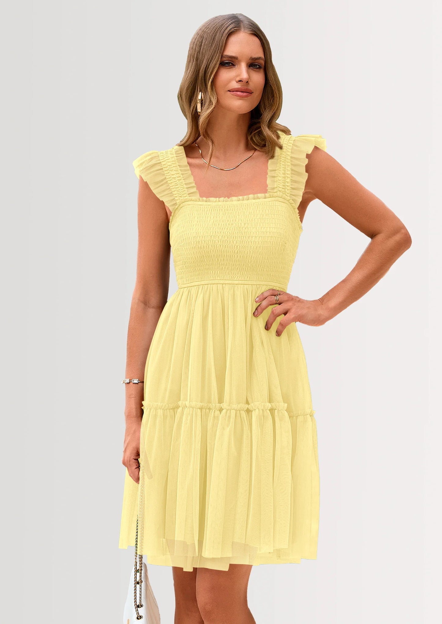 Womens Trendy Mini Summer Dresses Sleeveless Tulle Ruffle Square Neck Tiered Smocked Beach Vacation Dress