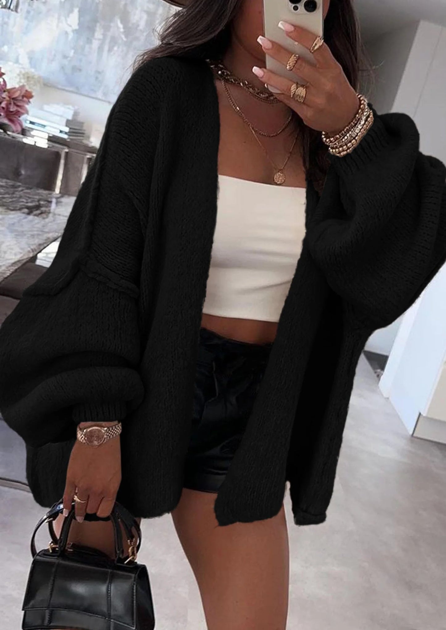 Womens Oversized Cardigan Sweaters Fall Long Lantern Sleeve Knit Open Front Lightweight Sweater