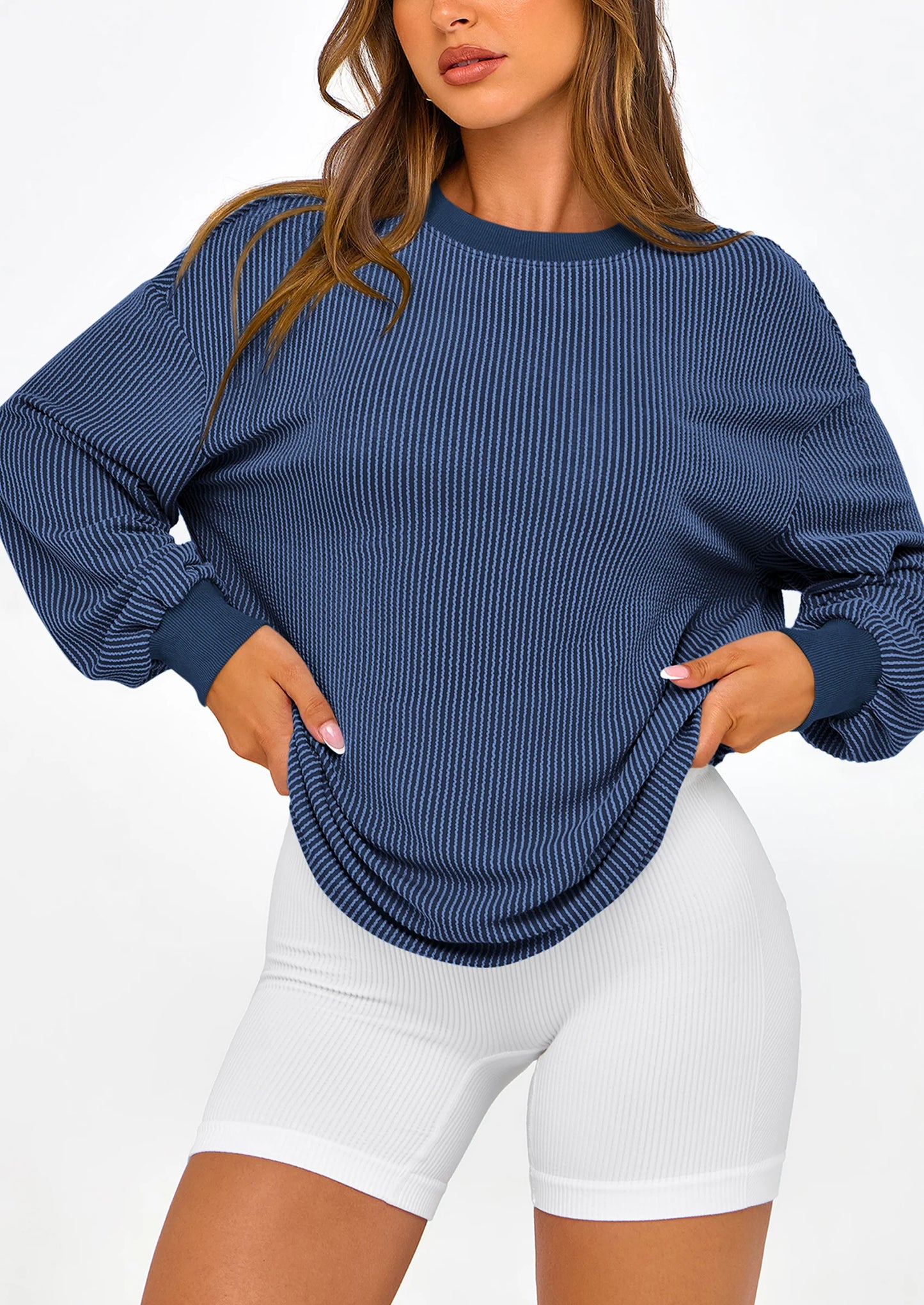 Women's Long Sleeve Tee Shirts Spring Fall Trendy Clothes Casual Loose Crewneck Ribbed Blouse Tunic Tops
