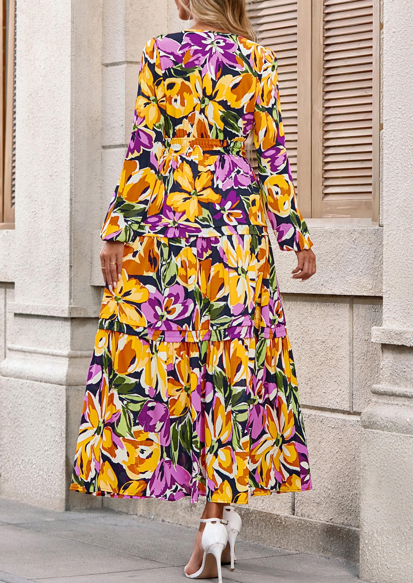 Women's Fall Boho Maxi Dresses Floral Long Sleeve V Neck Flowy Elegant Wedding Guest Dress Vacation Outfits
