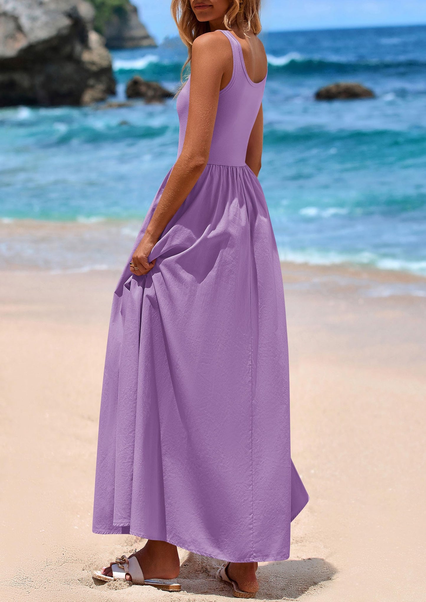 Womens Summer Casual Scoop Neck Sleeveless Long Dresses Tank Top Patchwork Aline Swing Maxi Dress with Pockets