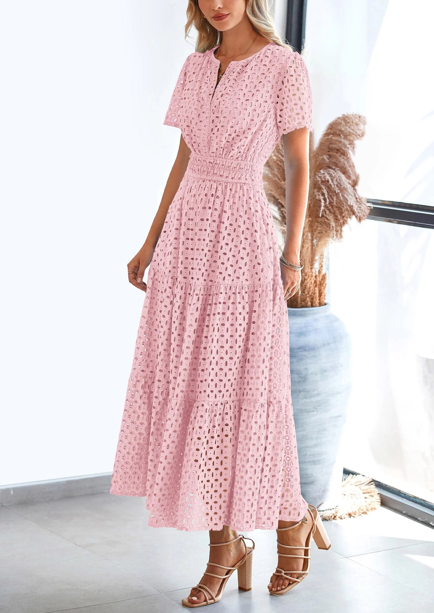 Womens Maxi Dress Short Sleeve V Neck Hollow Out Eyelet A Line Long Flowy Beach Vacation Dresses