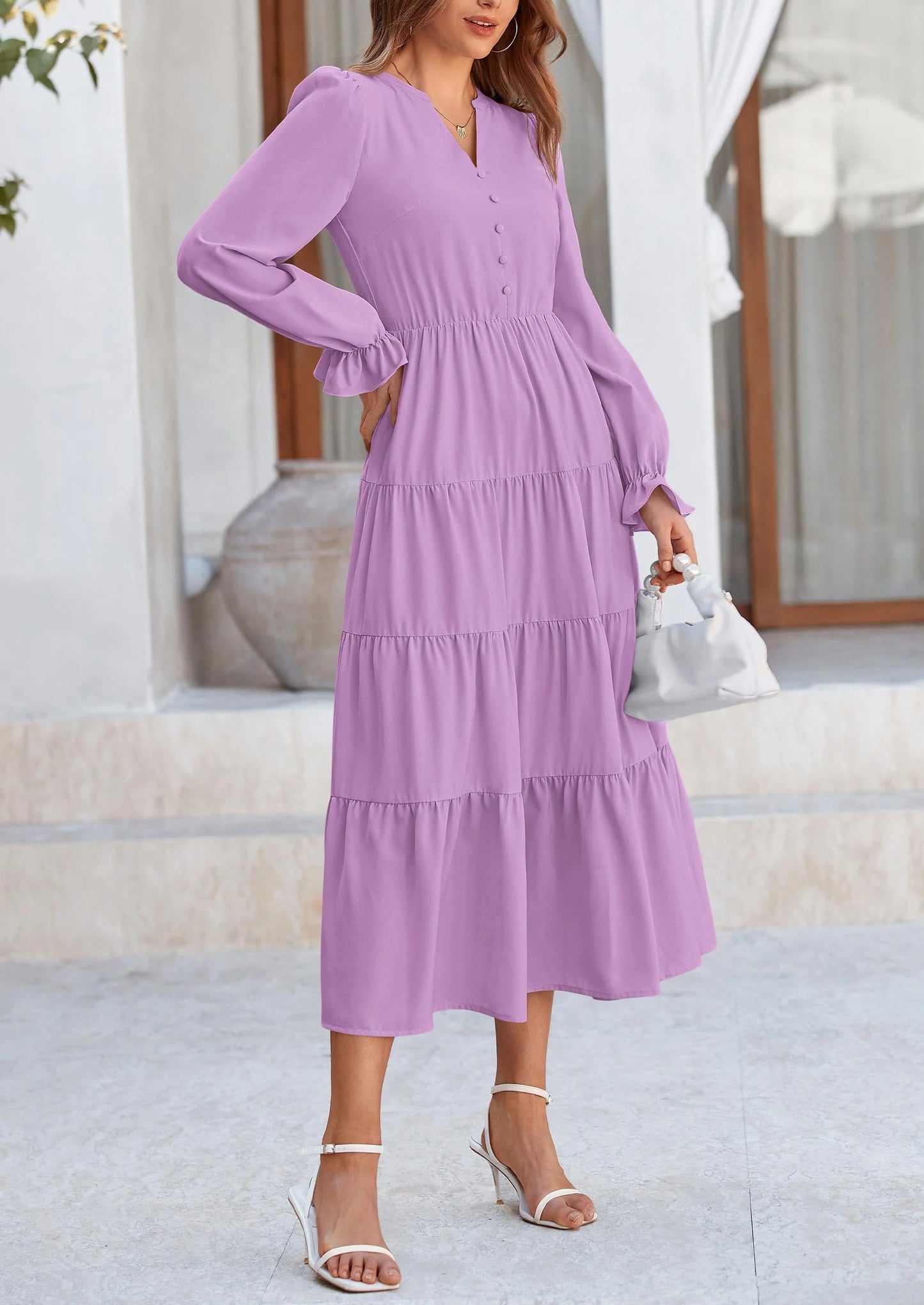 Women Fall Long Sleeve Smocked Maxi Dress Casual Square Neck Swiss Dot Tiered Ruffle Flowy Spring Pocket Dresses