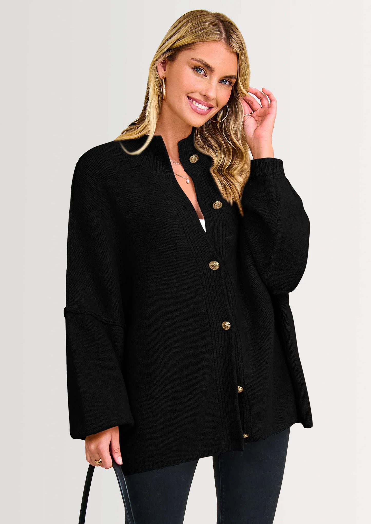 Women's Winter Button Down Cardigan Sweaters Mock Neck Lantern Long Sleeve Chunky Knit Jacket Trendy Outerwear