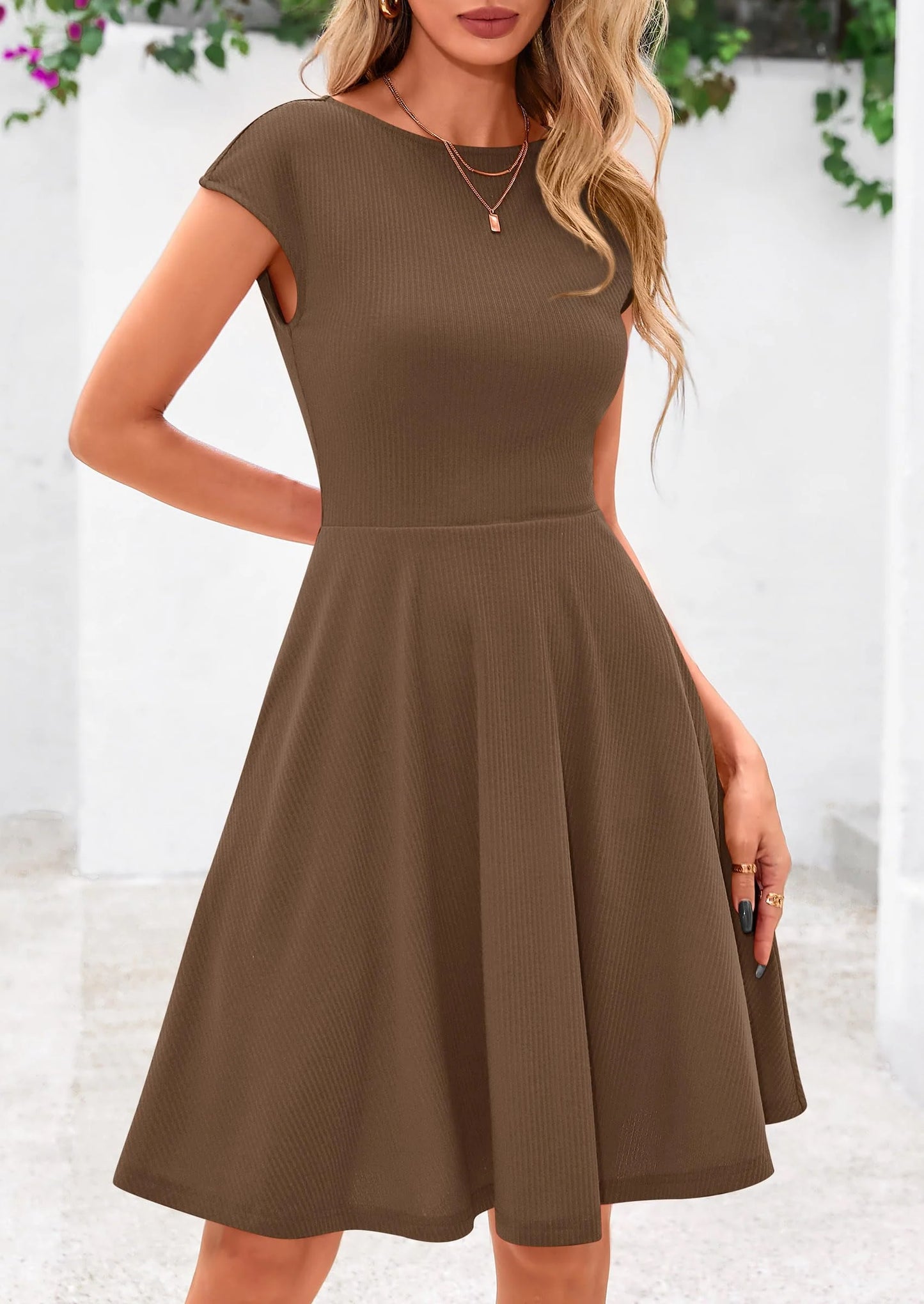 Womens Short Summer Dress Crewneck Cap Sleeve Ribbed Knit Casual Flowy A Line Mini Sundresses with Pockets