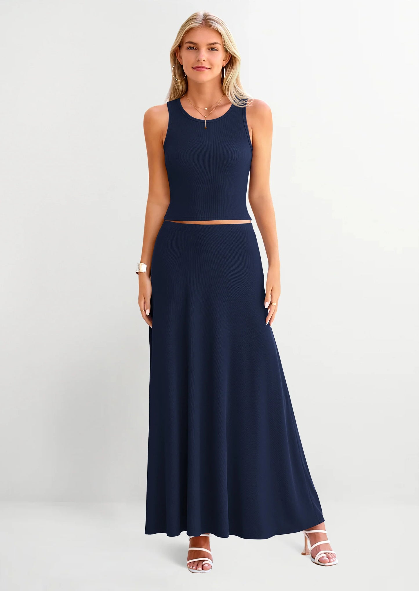 2 Piece Maxi Skirt Sets Casual Knit Cropped Tank Top High Waisted Long Skirts Outfit