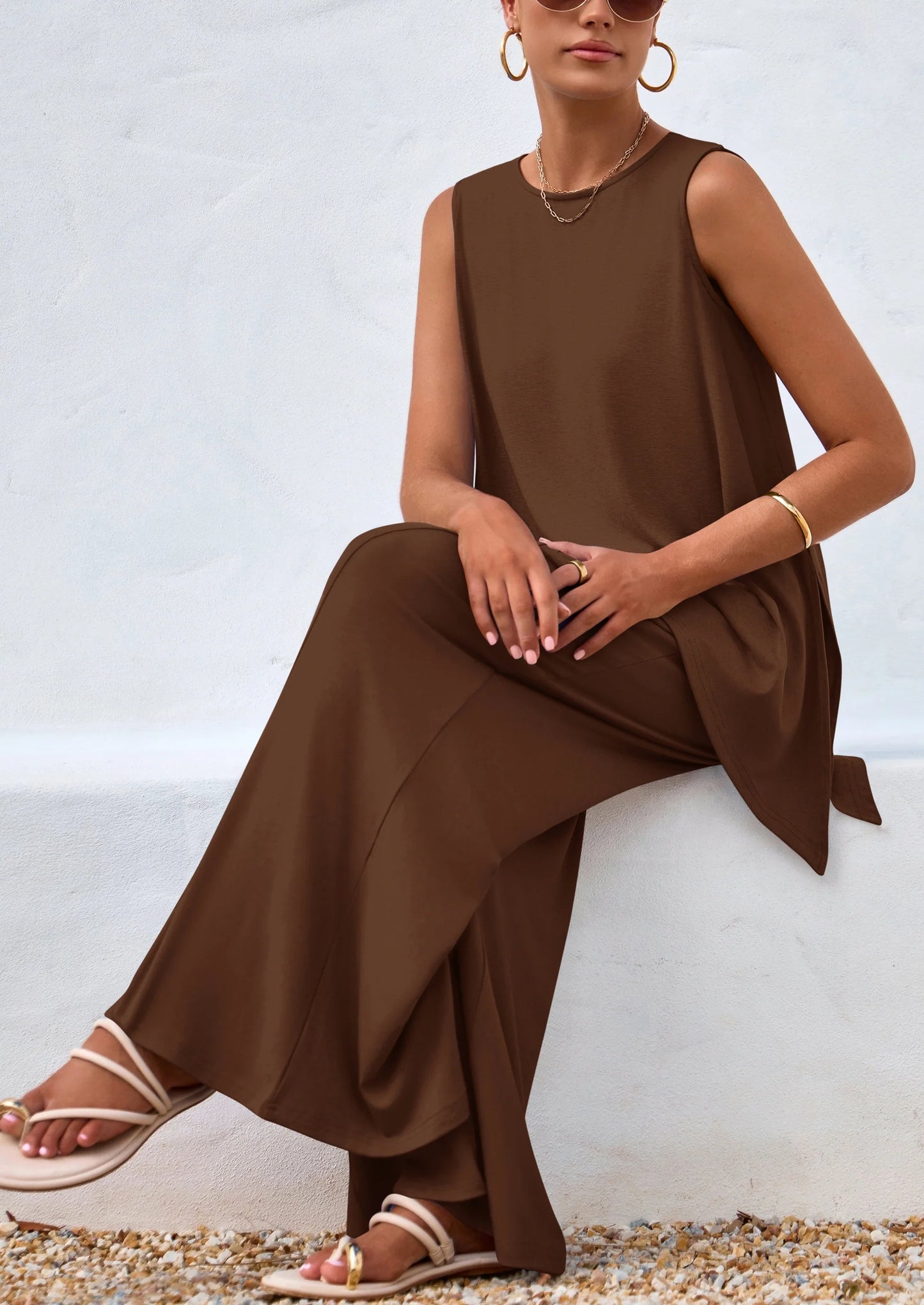 Women's Two Piece Matching Lounge Sets Asymmetrical Split Tank Tops Wide Leg Pants Summer Outfits Tracksuit