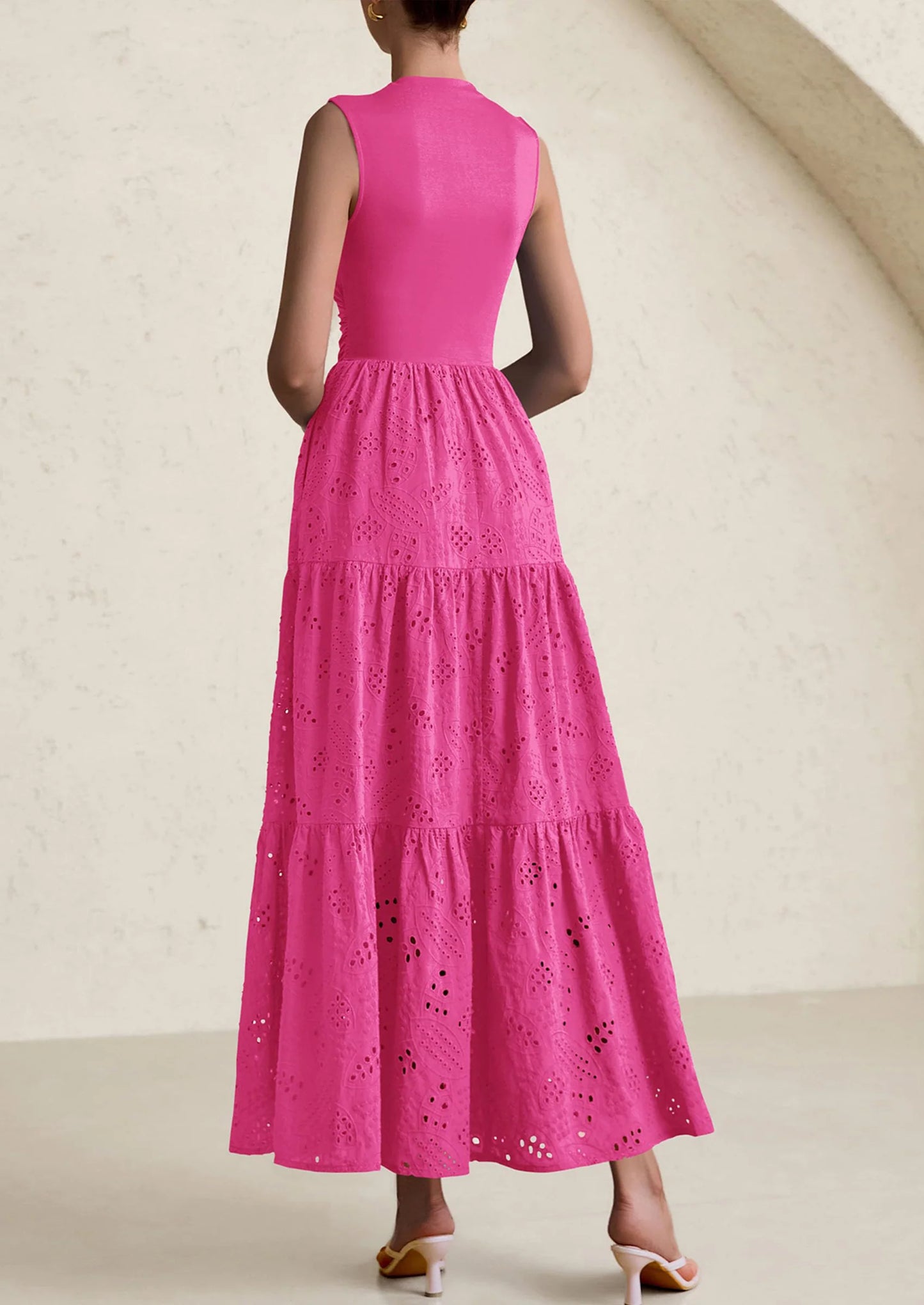 Dresses for Women Casual Eyelet Sleeveless Wedding Guest Maxi Dress Tank Top Sundress with Pockets