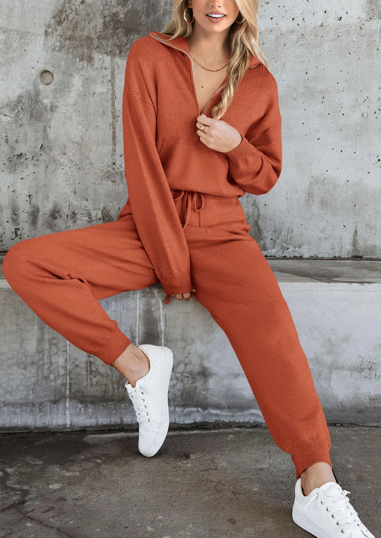 Women's 2 Piece Sweater Set Pullover Zip Up Sweatshirt Jogger Sweatpants Tracksuit Casual Outfit
