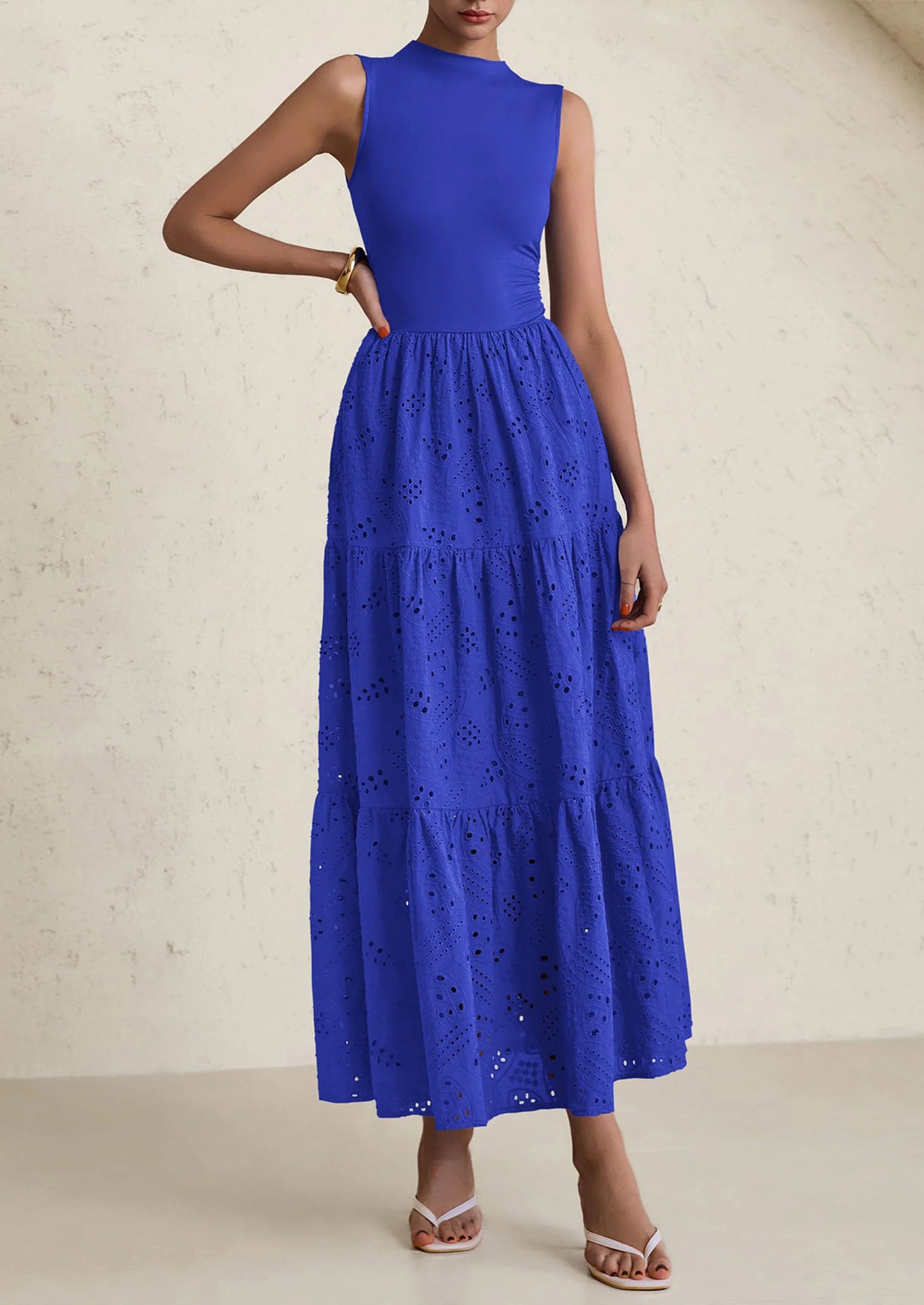 Dresses for Women Casual Eyelet Sleeveless Wedding Guest Maxi Dress Tank Top Sundress with Pockets
