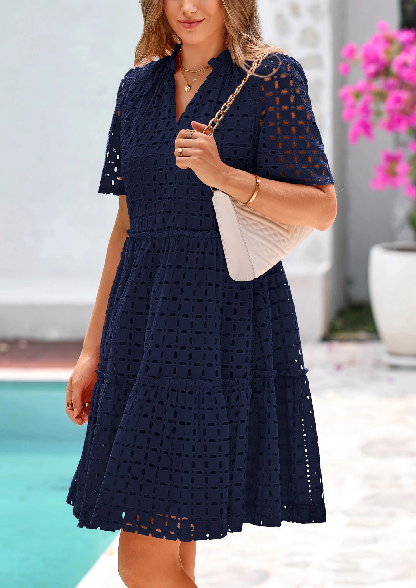 Women's Short Sleeve Mini Dress Summer V Neck Hollow Out Eyelet Ruffle A Line Swing Short Dresses