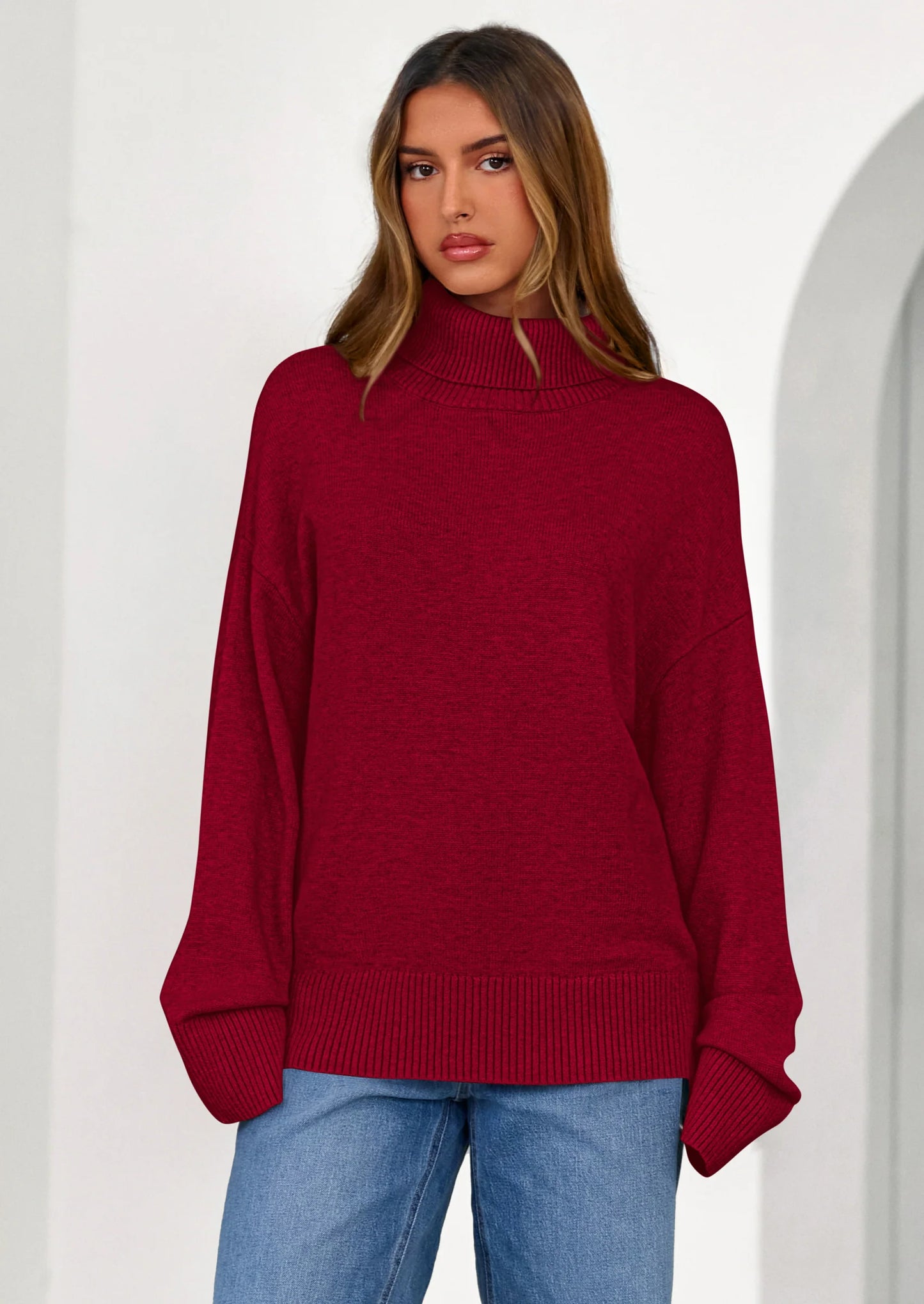 Womens Turtleneck Long Sleeve Sweater Fall Trendy Loose Fit Casual Tops Chunky Knit Pullover Sweaters