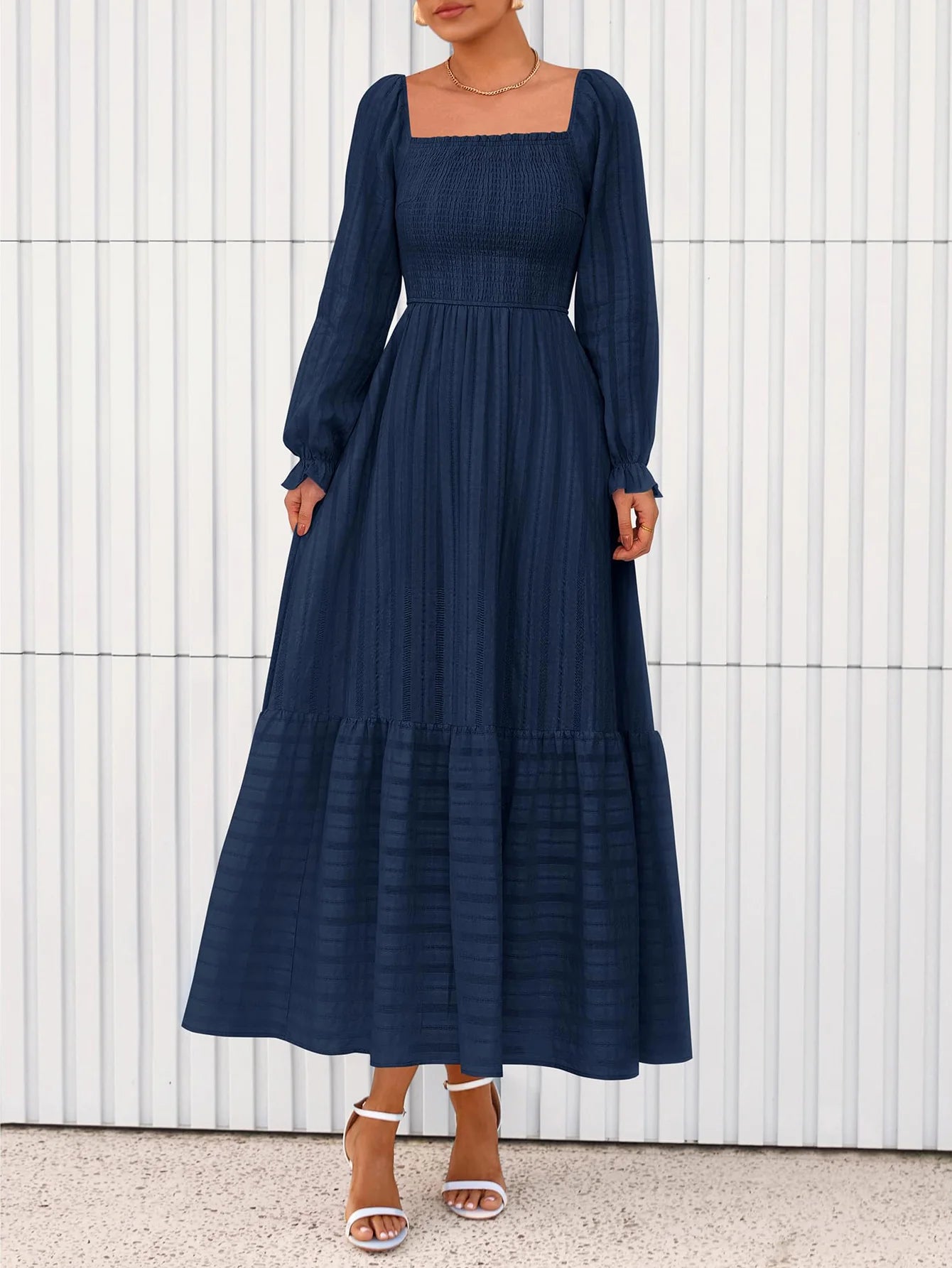 BTFBM Women Maxi Fall Dresses Long Sleeve Solid Color Square Neck Smocked Boho Long Wedding Guest Dress