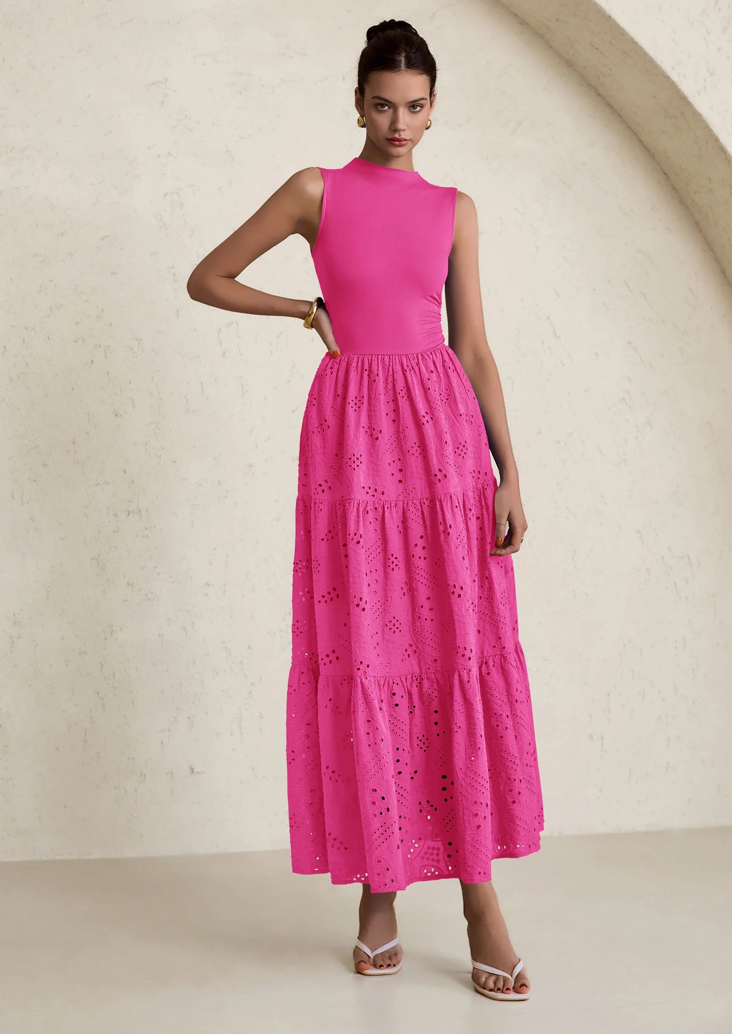 Dresses for Women Casual Eyelet Sleeveless Wedding Guest Maxi Dress Tank Top Sundress with Pockets