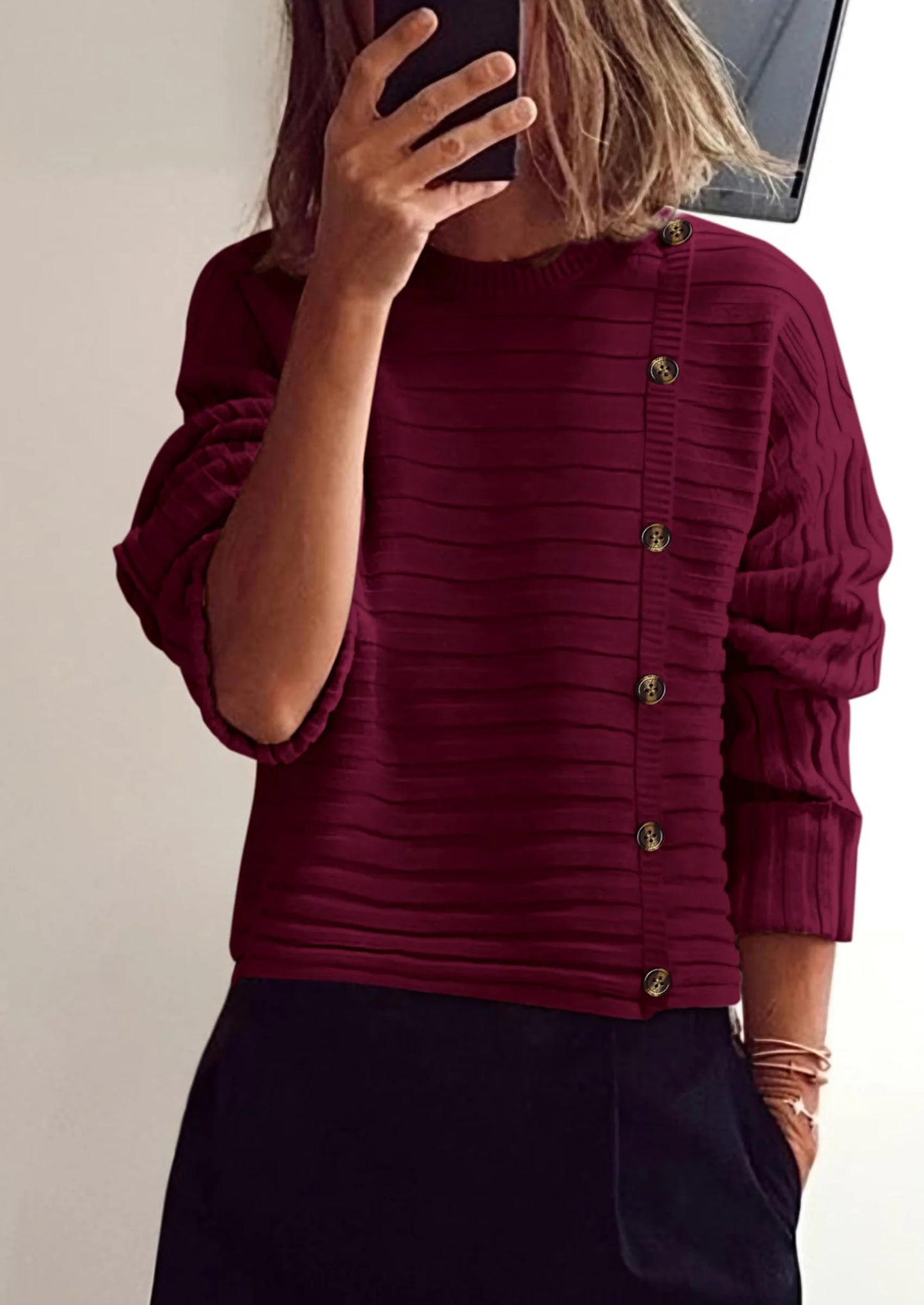 Womens Sweaters Fall Casual Long Sleeve Crewneck Button Loose Winter Knit Pullover Sweater Tops