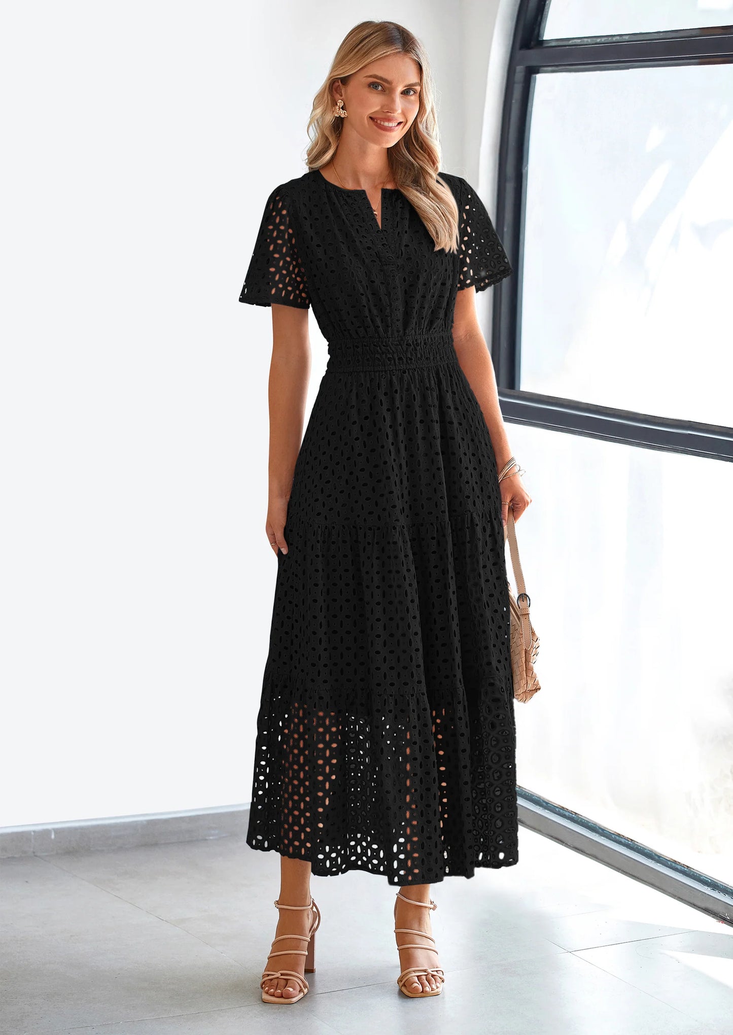 Womens Maxi Dress Short Sleeve V Neck Hollow Out Eyelet A Line Long Flowy Beach Vacation Dresses