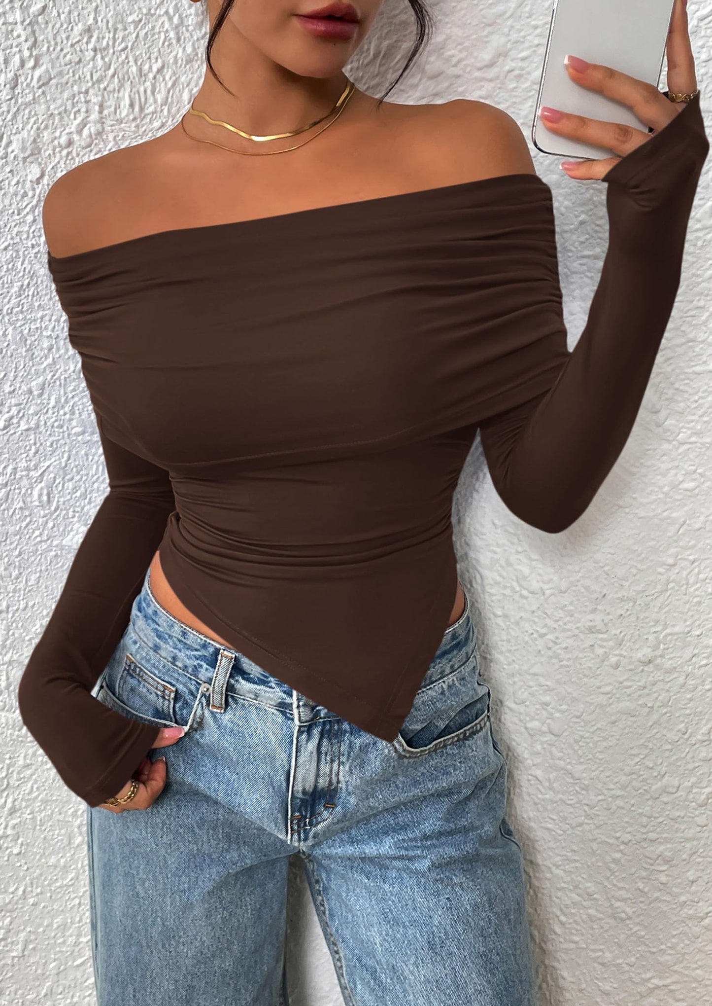 Women's Long Sleeve Shirts Off Shoulder Tops Going Out Slim Fitted Y2K Blouses Fall Fashion Clothes