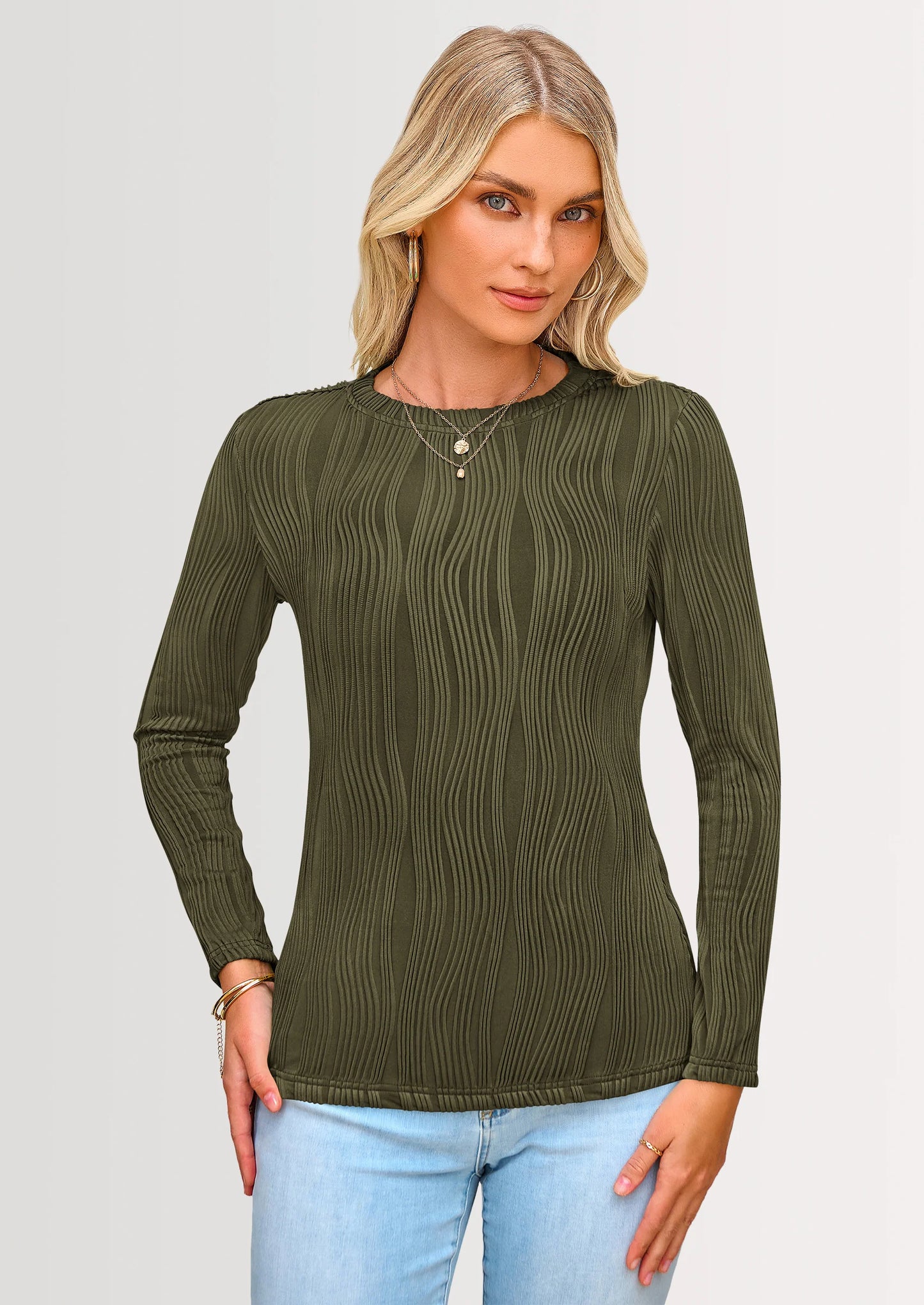 Long Sleeve Tops for Women Spring Fall Trendy Business Dressy Casual Shirts Crewneck Textured Blouse