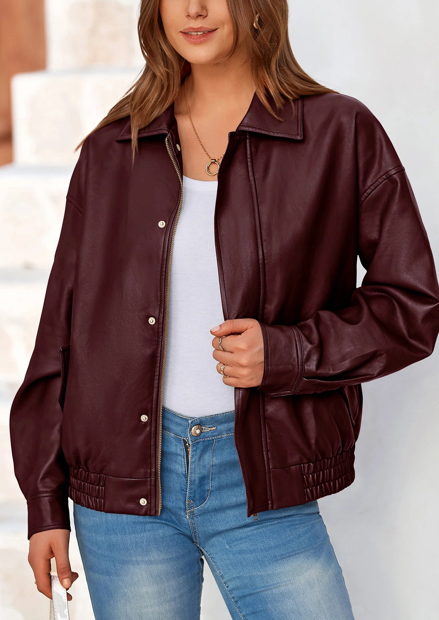 Women's Faux Leather Motorcycle Jacket Trendy Fall Spring Clothes Oversized Zip Up Winter Coat Outerwear