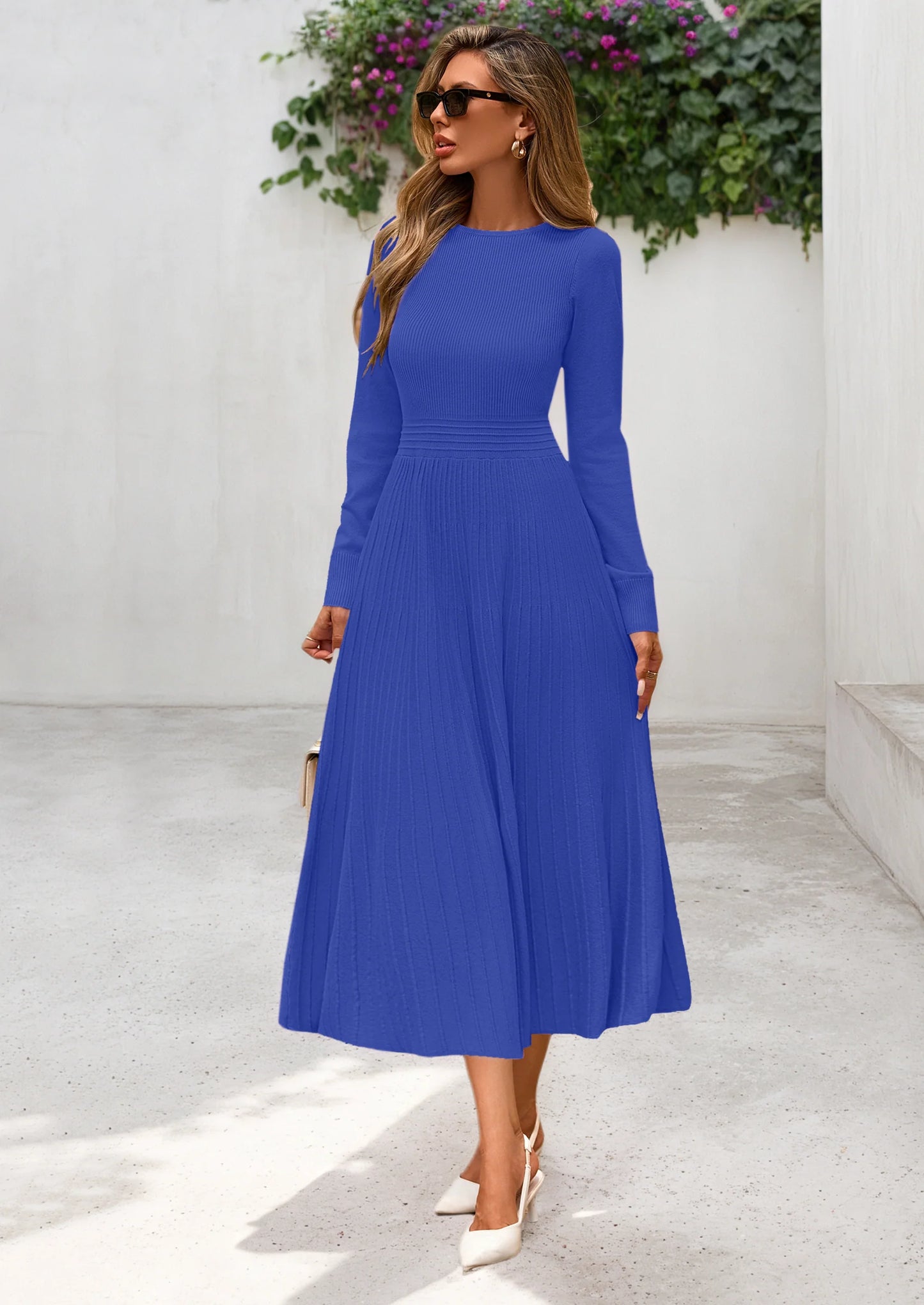 Women's Long Sleeve Midi Sweater Dress Fall Crewneck Knit A Line Pleated Wedding Guest Winter Dresses