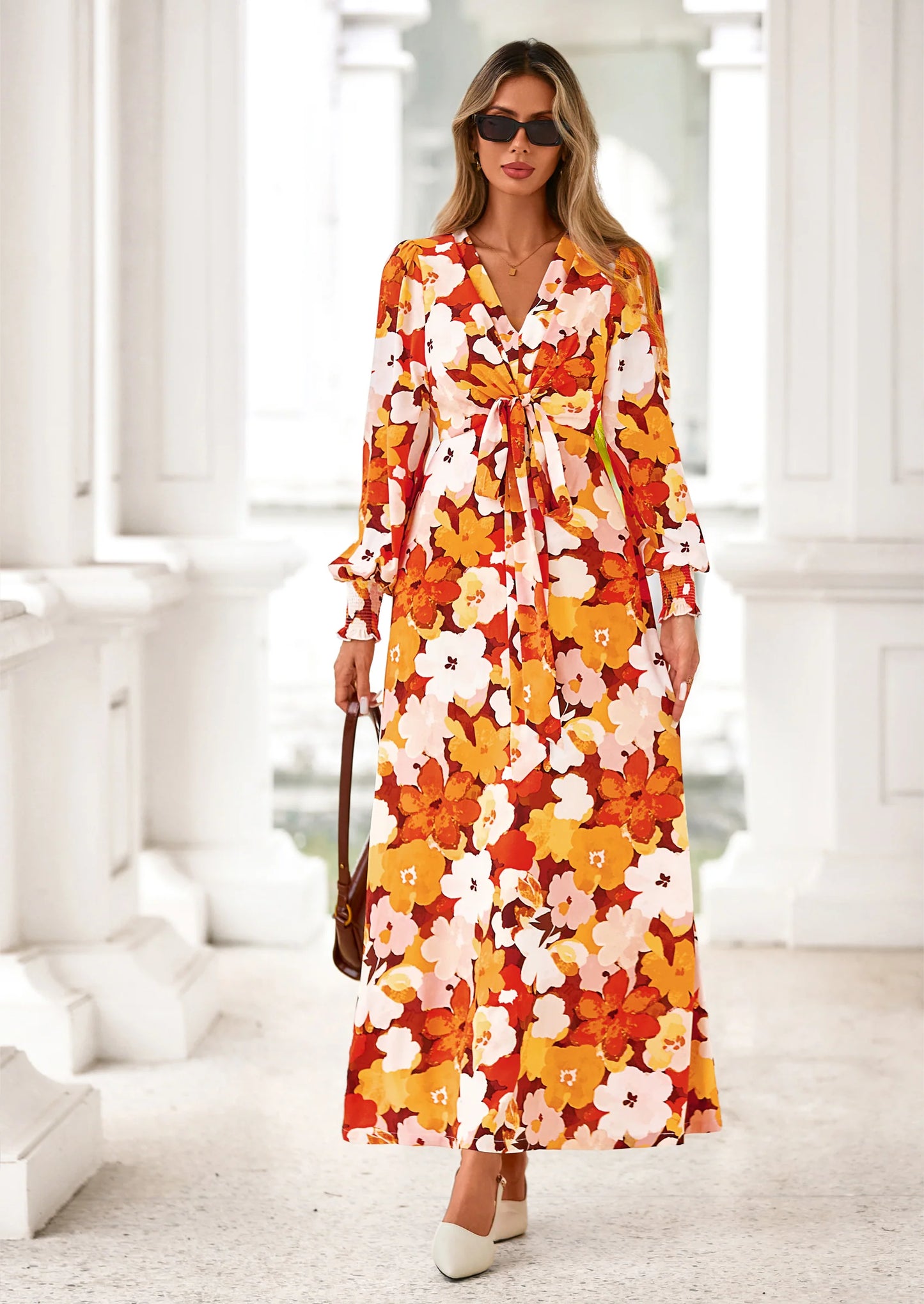 Women's Fall Boho Maxi Dress Floral Long Sleeve V Neck Flowy Belted Elegant Holiday Party Dresses