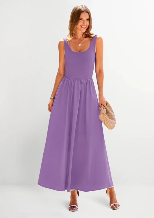 Womens Summer Casual Scoop Neck Sleeveless Long Dresses Tank Top Patchwork Aline Swing Maxi Dress with Pockets