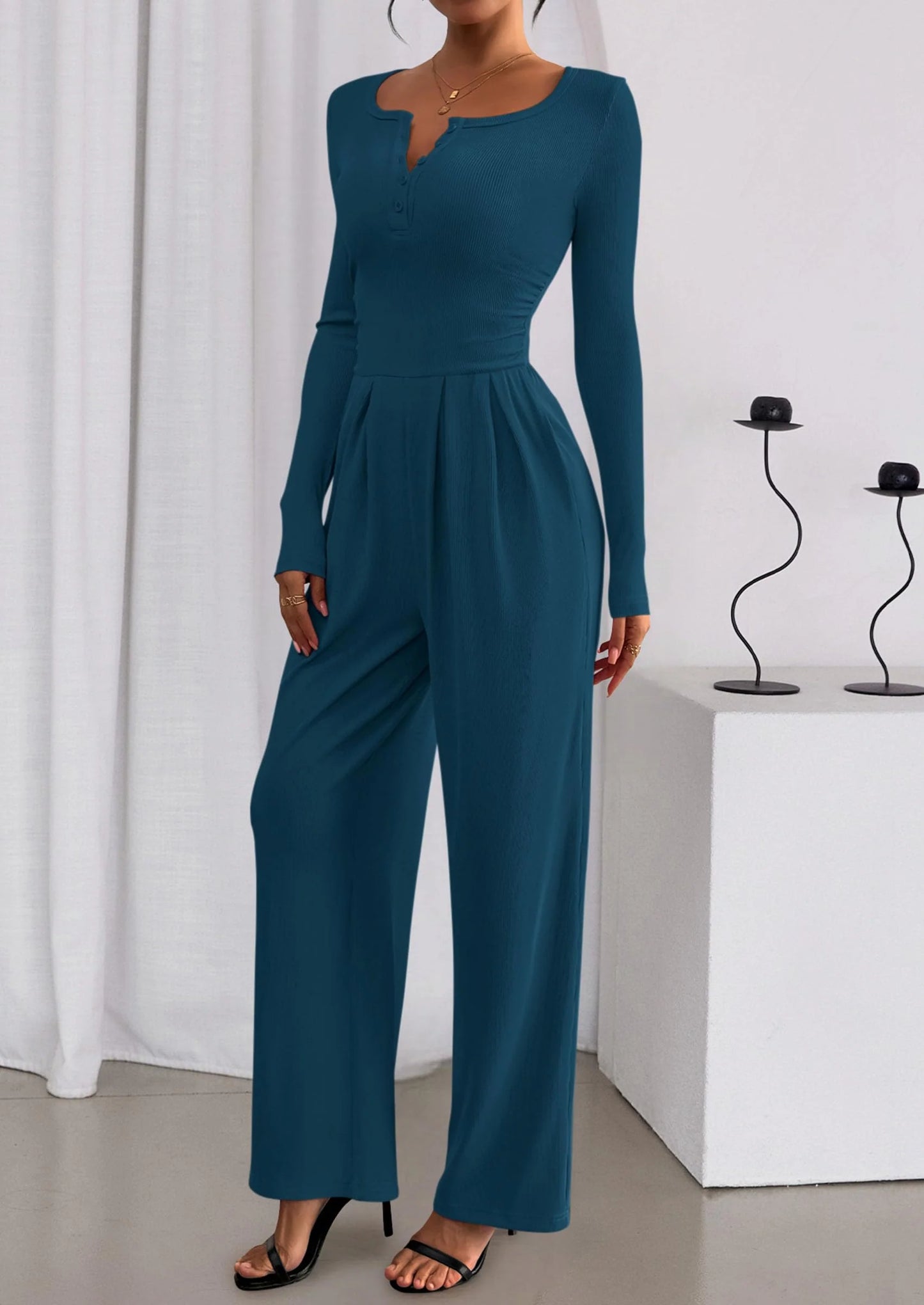 Jumpsuits for Women Dressy Casual Fall One Piece Outfits Long Sleeve Crew Neck Wide Leg Pants Rompers