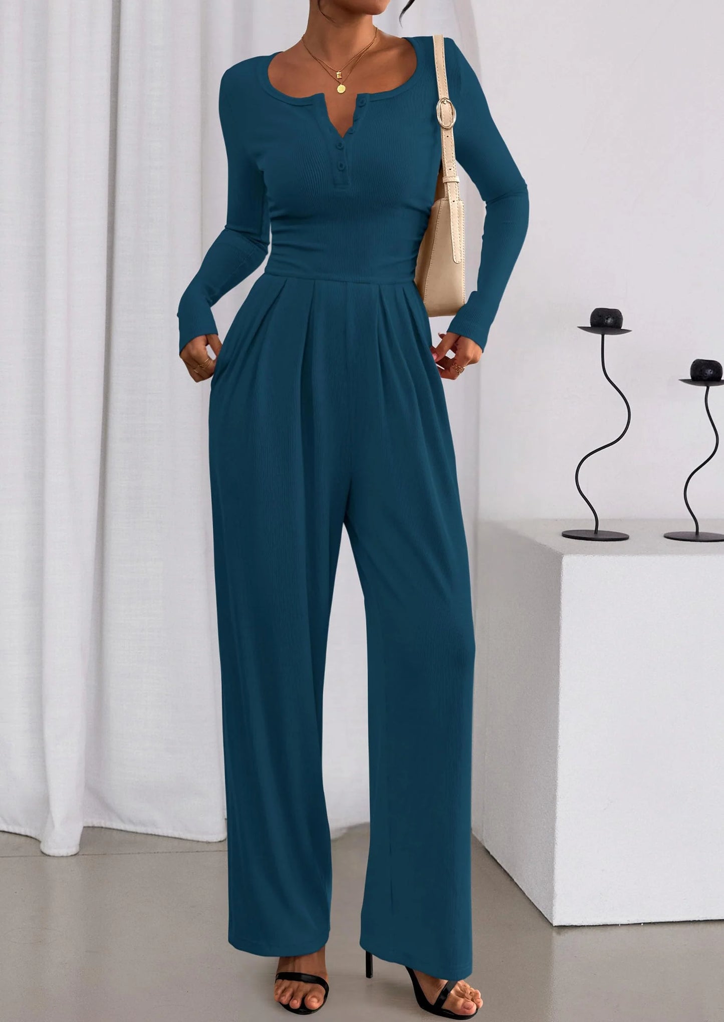 Jumpsuits for Women Dressy Casual Fall One Piece Outfits Long Sleeve Crew Neck Wide Leg Pants Rompers
