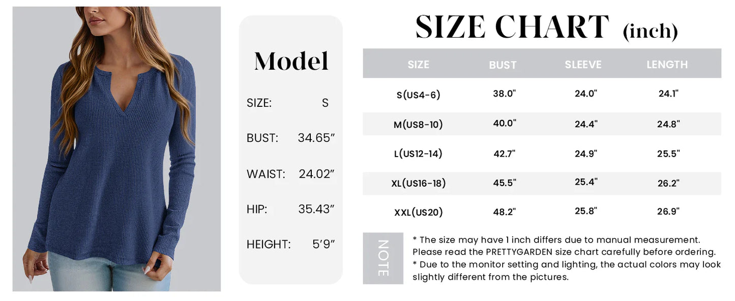 Long Sleeve Shirts for Women Fall V Neck Waffle Basic Tee Dressy Casual Winter Blouses Knit Tunic Tops