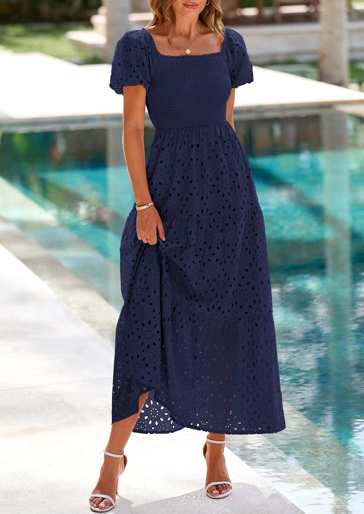 Dresses for Women Eyelet Square Neck Puff Sleeve Smocked Wedding Guest Maxi Dress with Pockets