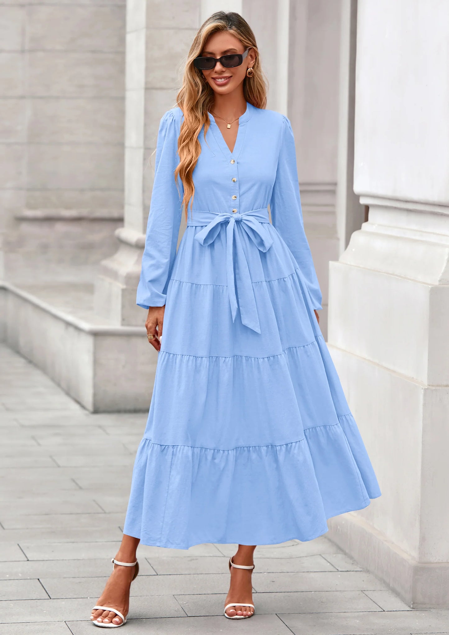 Fall Dresses for Women Long Sleeve V Neck Belted Ruffle A Line Flowy Boho Maxi Wedding Guest Dress Pockets