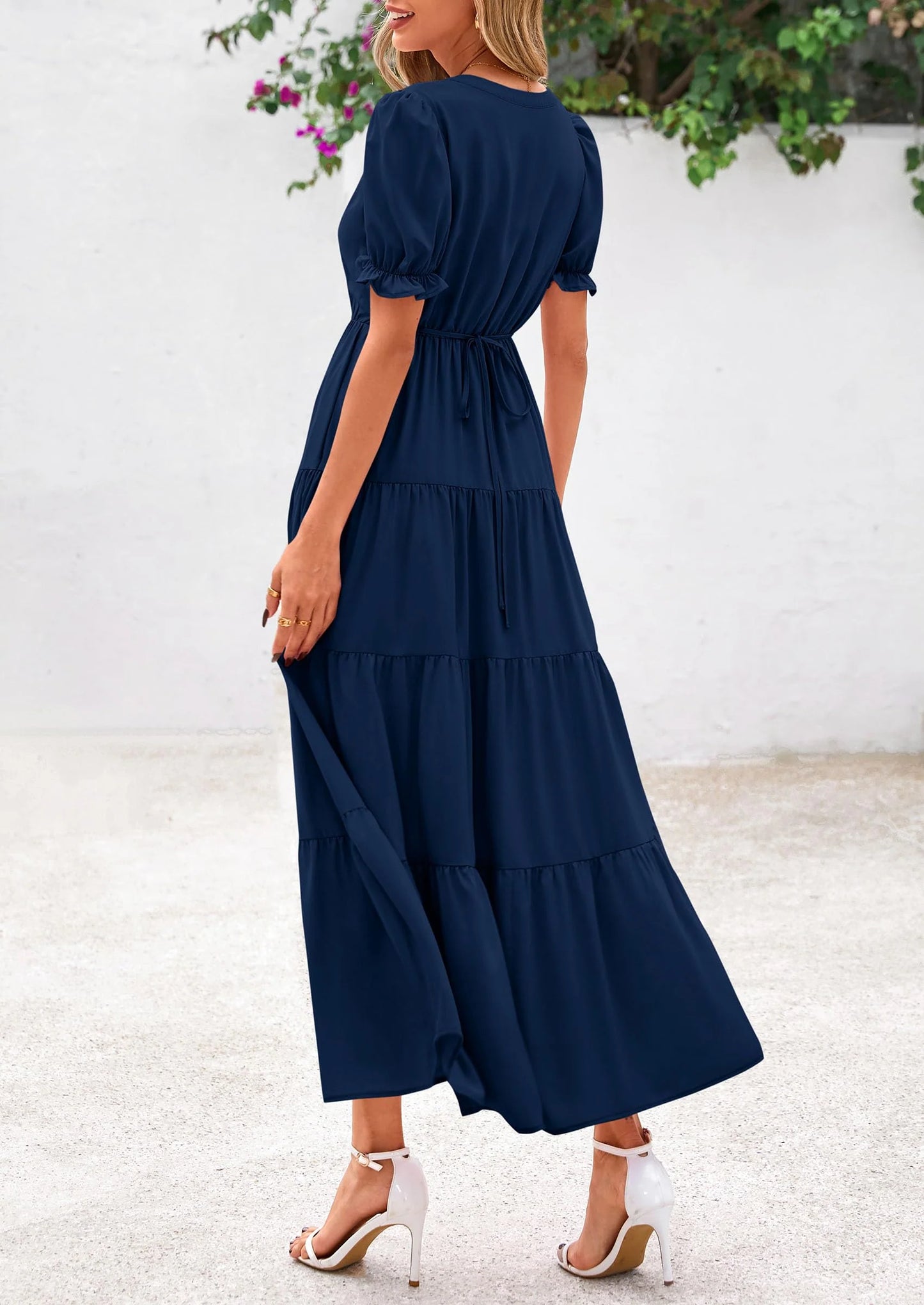 Women's Casual Short Sleeve V Neck Midi Dresses Spring A-line Tiered Wedding Guest Dress