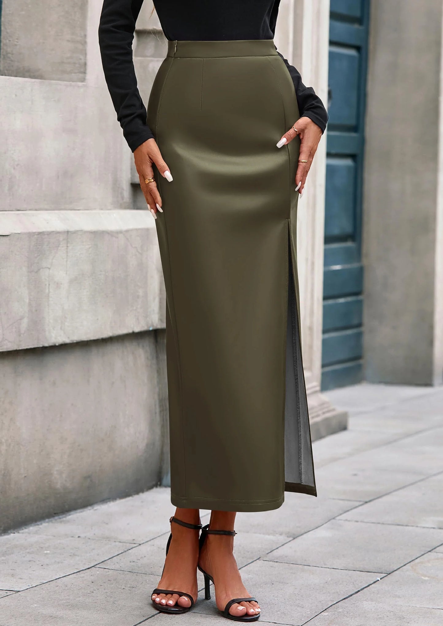Womens Faux Leather Skirt Fall Bodycon High Waisted Slit Dressy Casual Winter Maxi Long Pencil Skirts