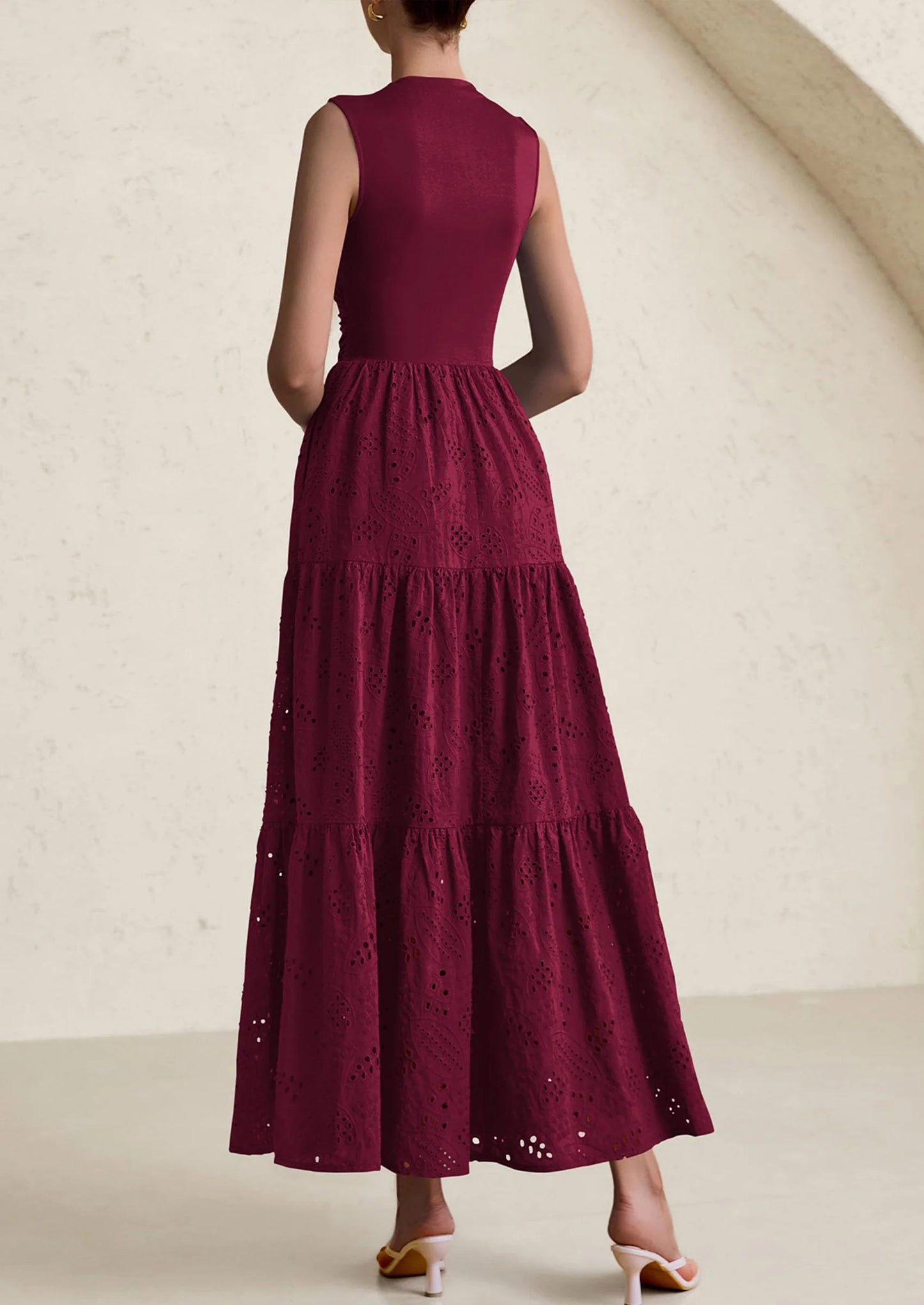 Dresses for Women Casual Eyelet Sleeveless Wedding Guest Maxi Dress Tank Top Sundress with Pockets