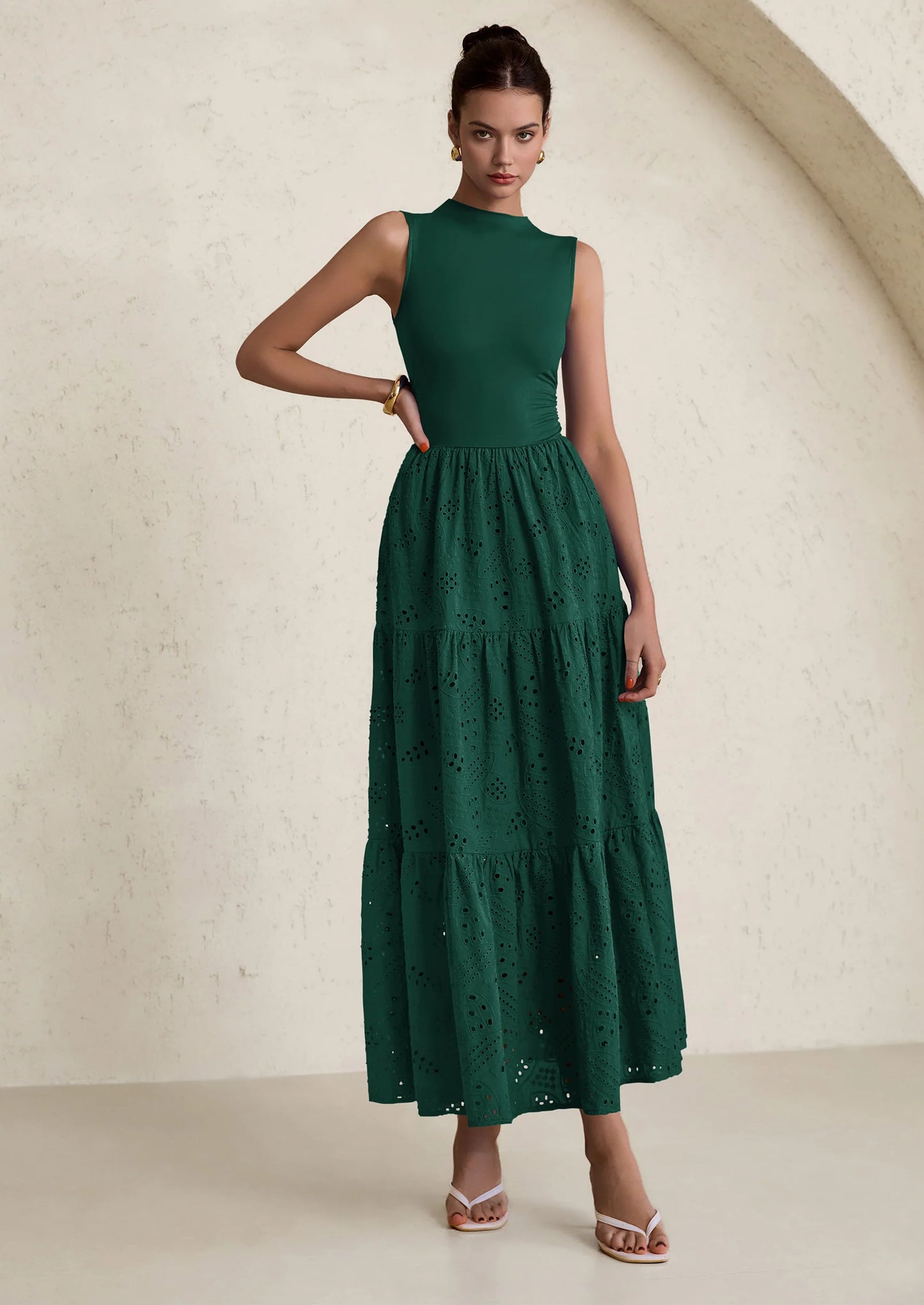 Dresses for Women Casual Eyelet Sleeveless Wedding Guest Maxi Dress Tank Top Sundress with Pockets
