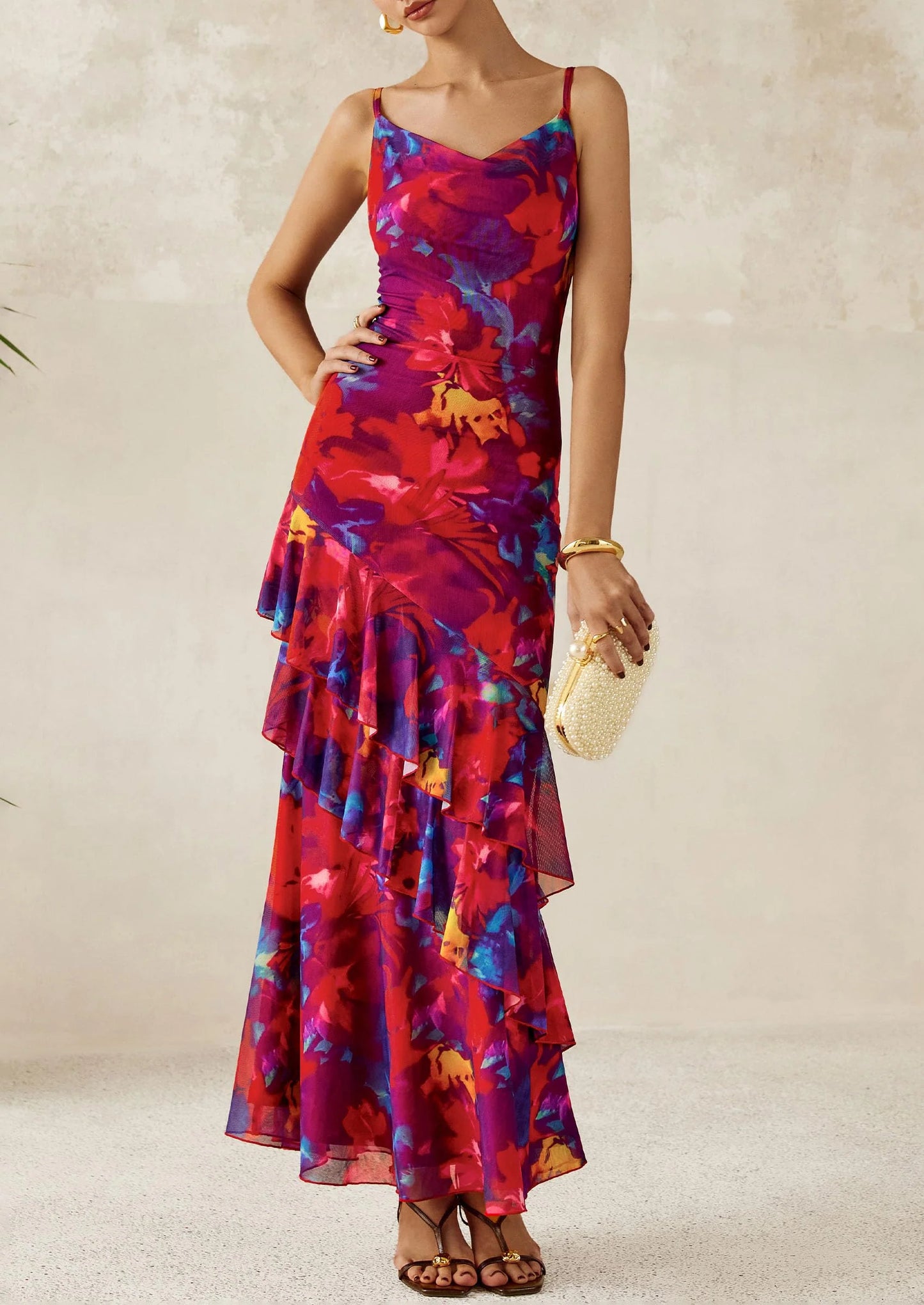Maxi Dresses for Women Floral Beach Sundress Spaghetti Strap Tiered Wedding Guest Long Dress