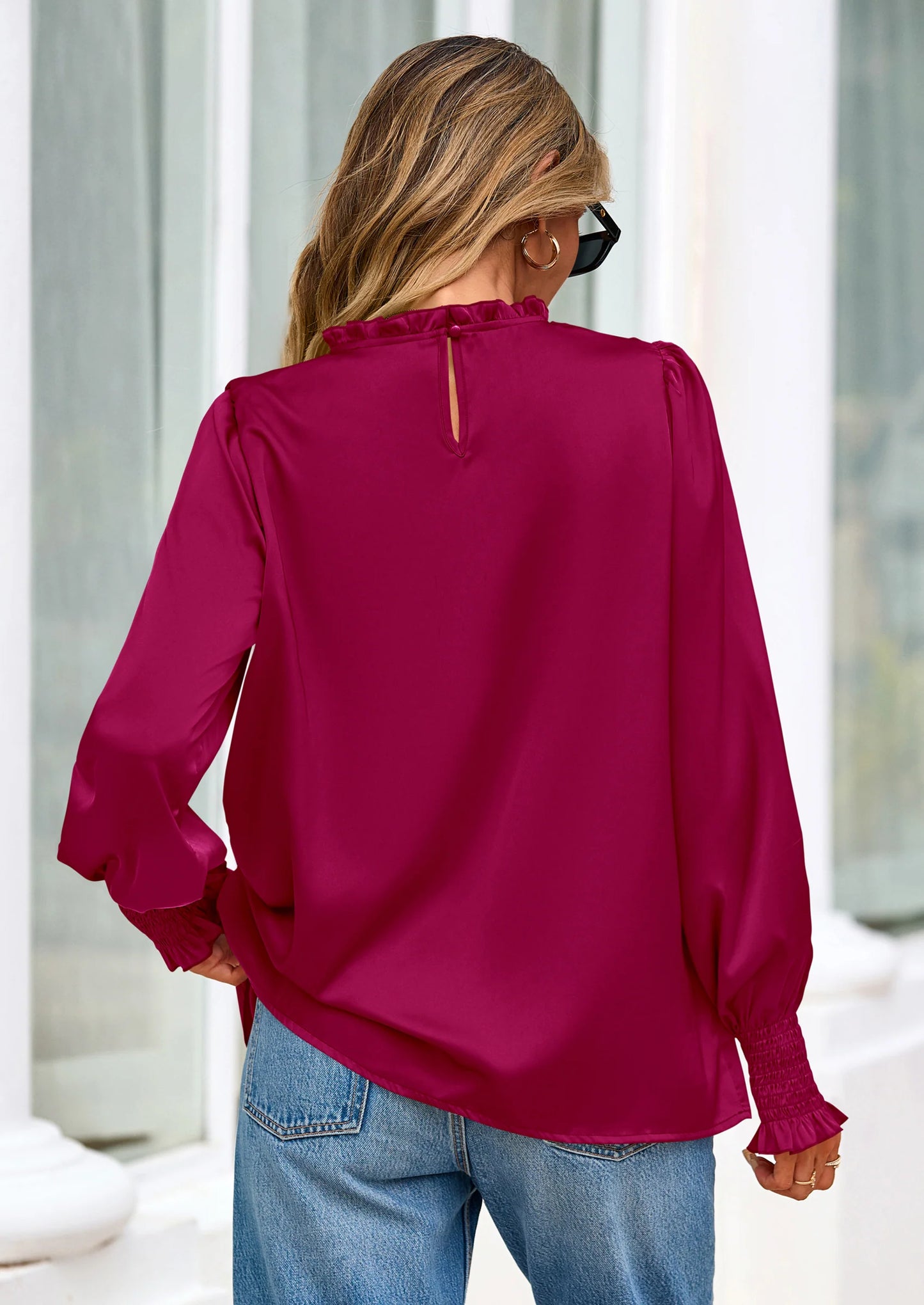 Blouses for Women Dressy Casual Fall Outfits Frill Neck Long Sleeve Shirts Satin Work Business Casual Tops