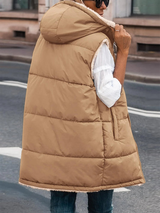 Womens Fall Reversible Vests Sleeveless Fleece Jacket Zip Up Hoodie Pockets Long Warm Winter Coat Outerwear