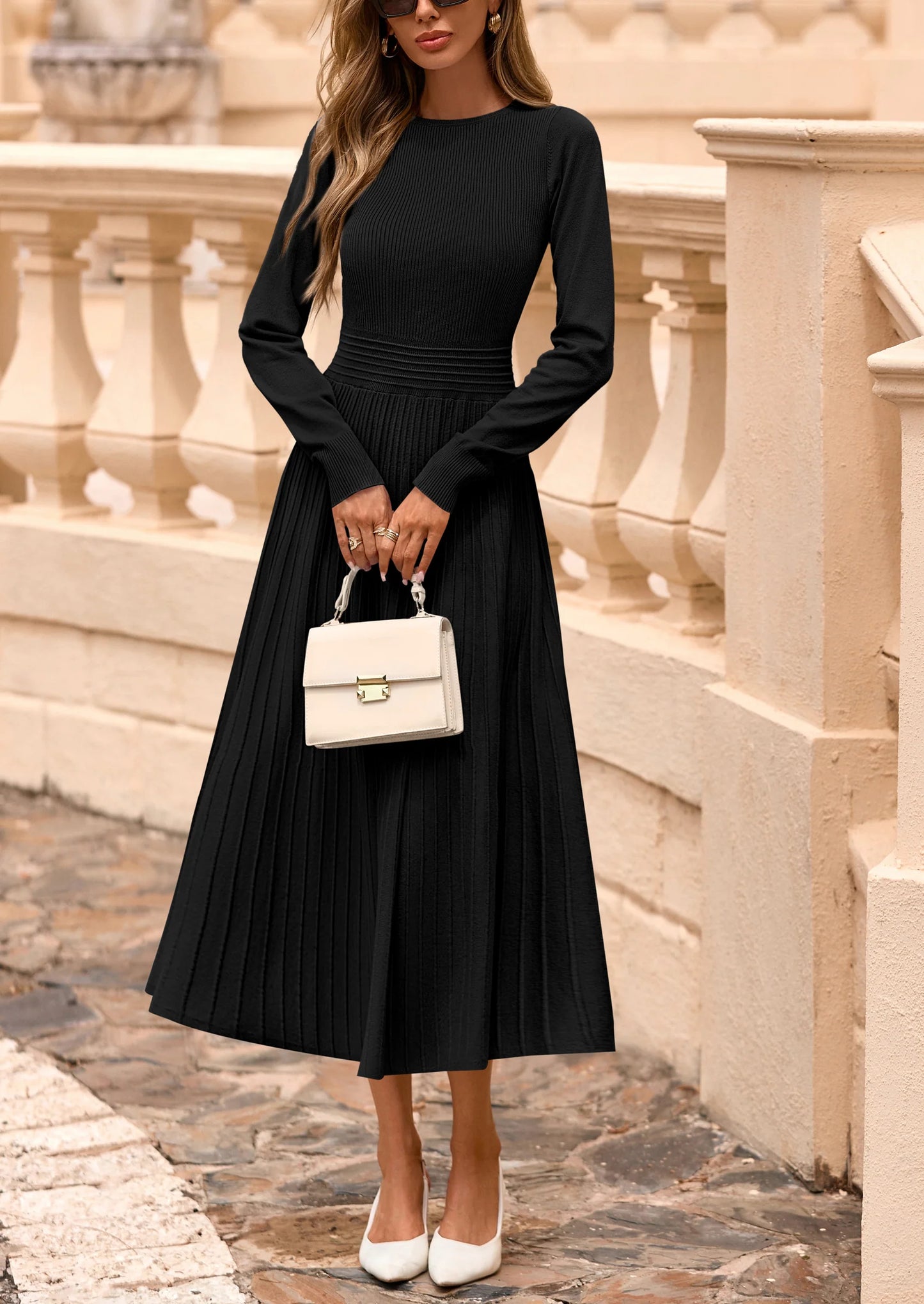 Women's Long Sleeve Midi Sweater Dress Fall Crewneck Knit A Line Pleated Wedding Guest Winter Dresses