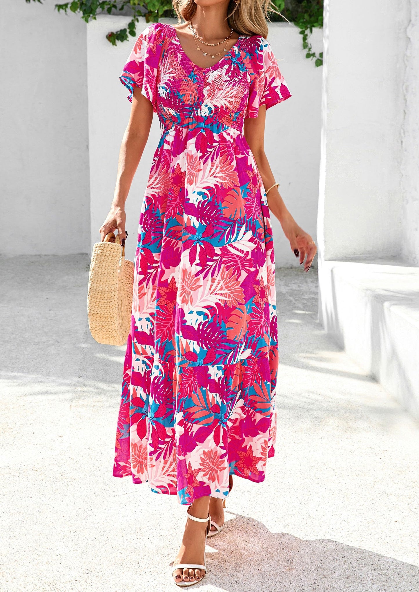 Women Floral Boho Maxi Dresses Short Sleeve V Neck Smocked A Line Long Flowy Beach Vacation Dress
