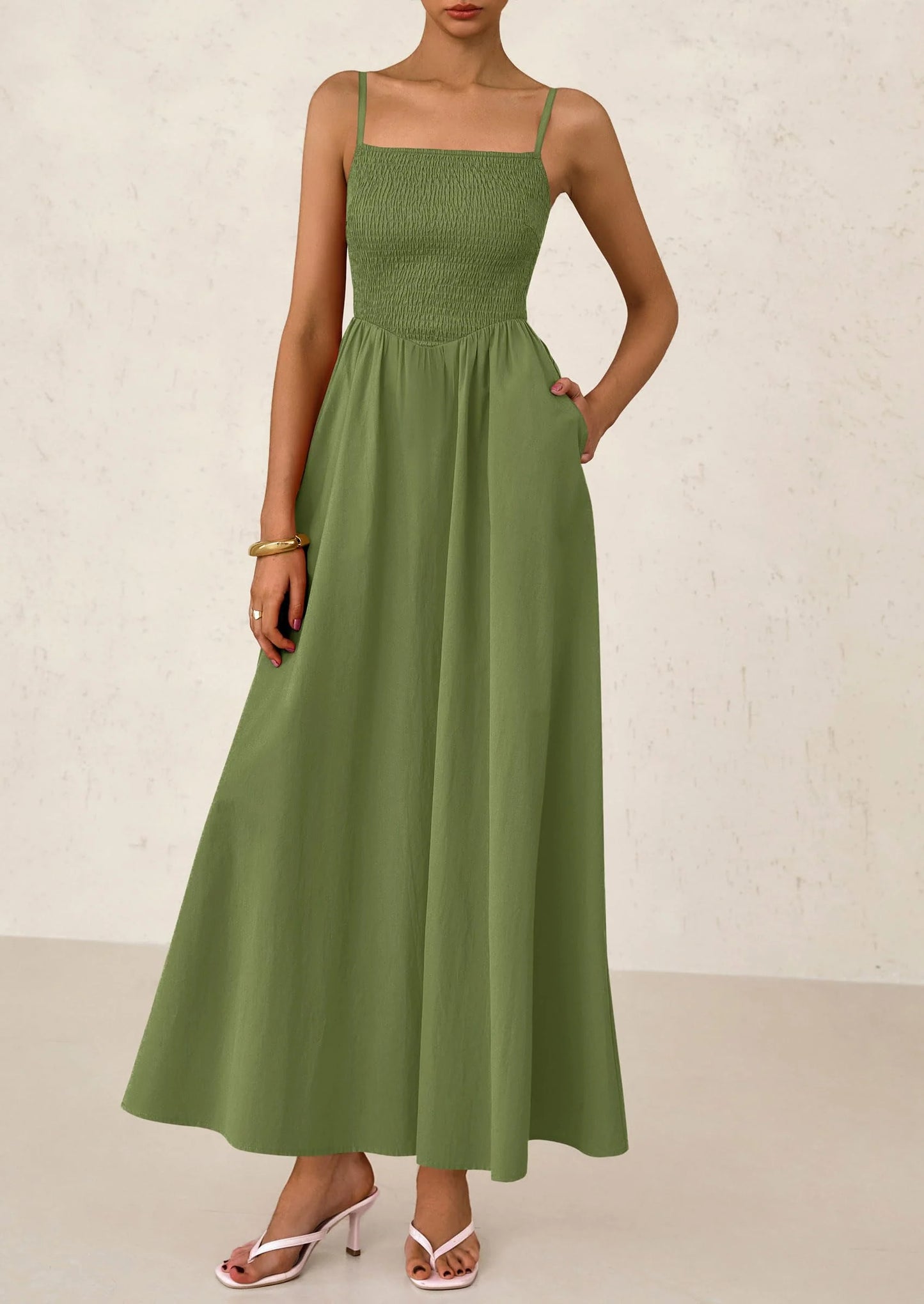 Women's Smocked Maxi Dresses Beach Sundress Casual Spaghetti Strap Swing A Line Long Flowy Dress